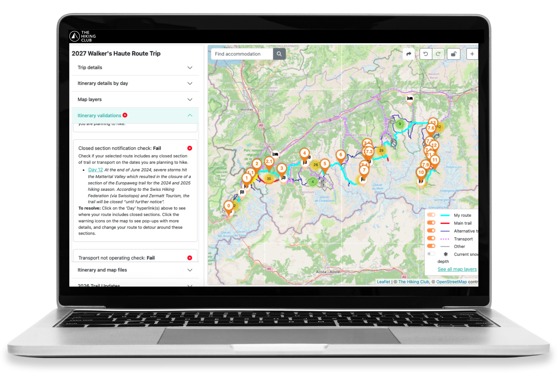 The Hiking Club itinerary planner showing checks for incomplete stages, route closures, seasonal transport and unexpected route sections