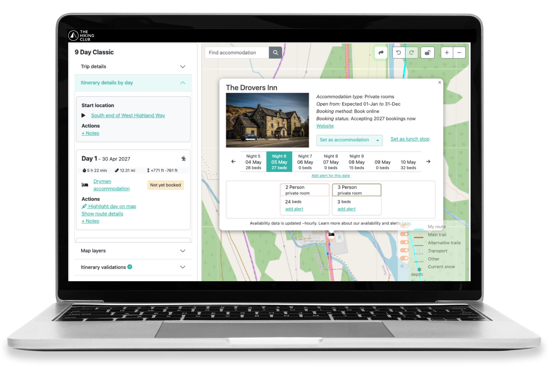 Live West Highland Way accommodation availability shown in The Hiking Club planning platform