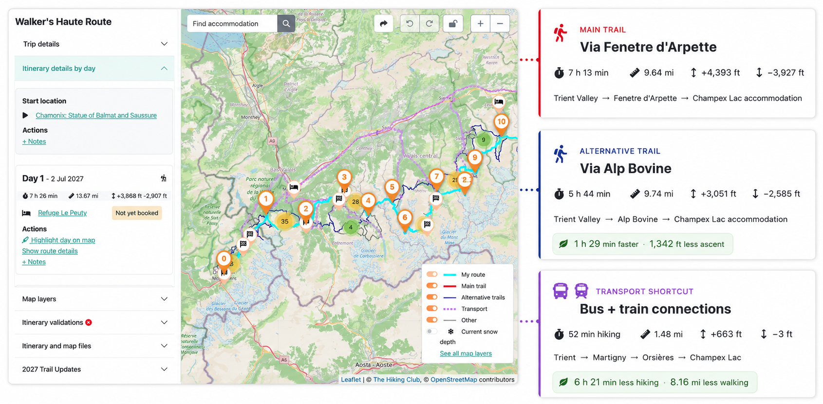 The Hiking Club itinerary planner comparing distance, elevation gain, elevation loss and estimated hiking time for different route choices