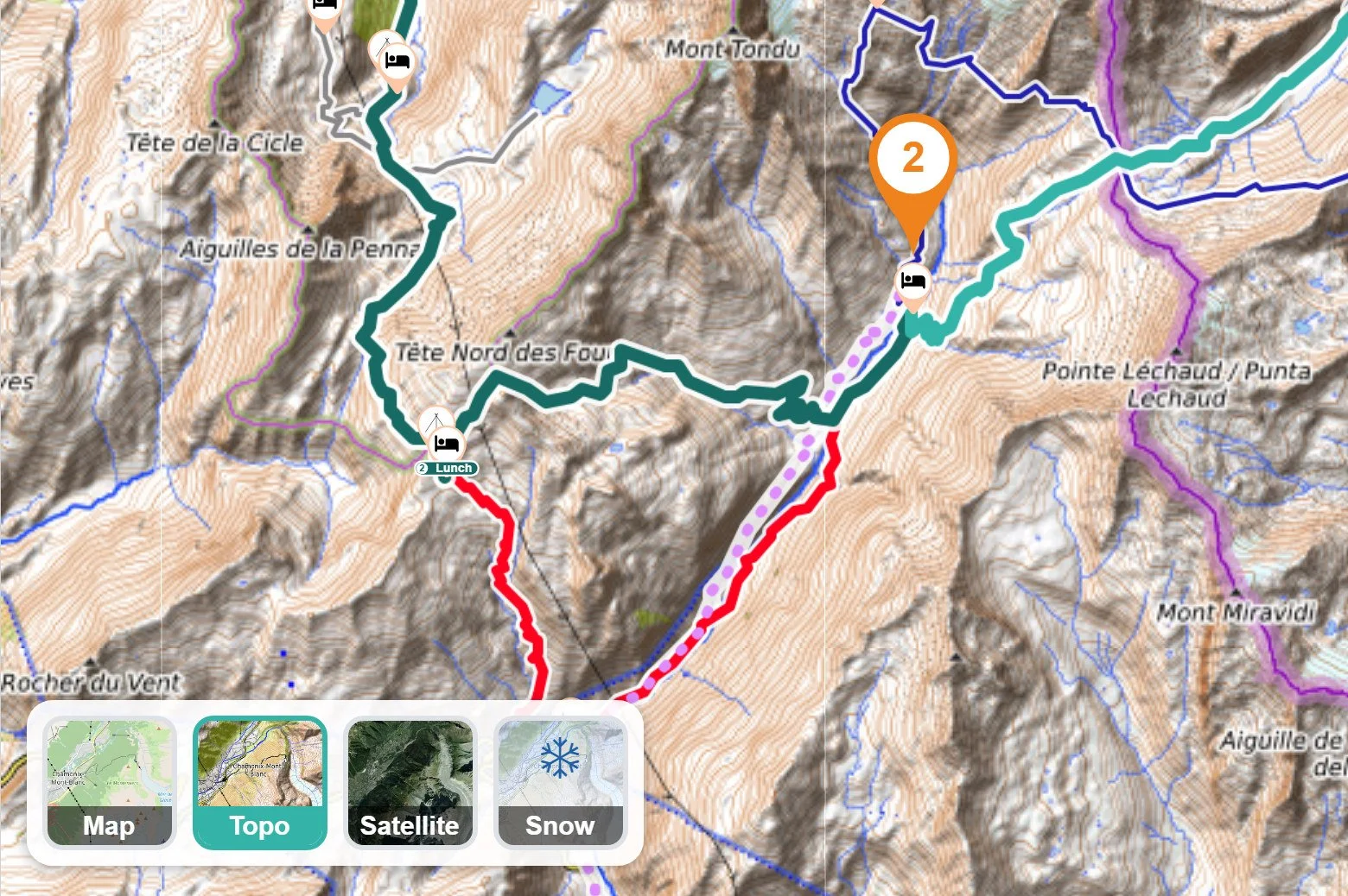 Basemap switcher with Map, Topo, Satellite and Snow options.