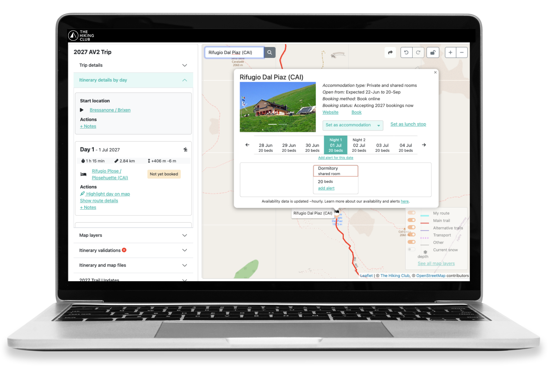 Live Alta Via 2 accommodation availability in The Hiking Club planning platform