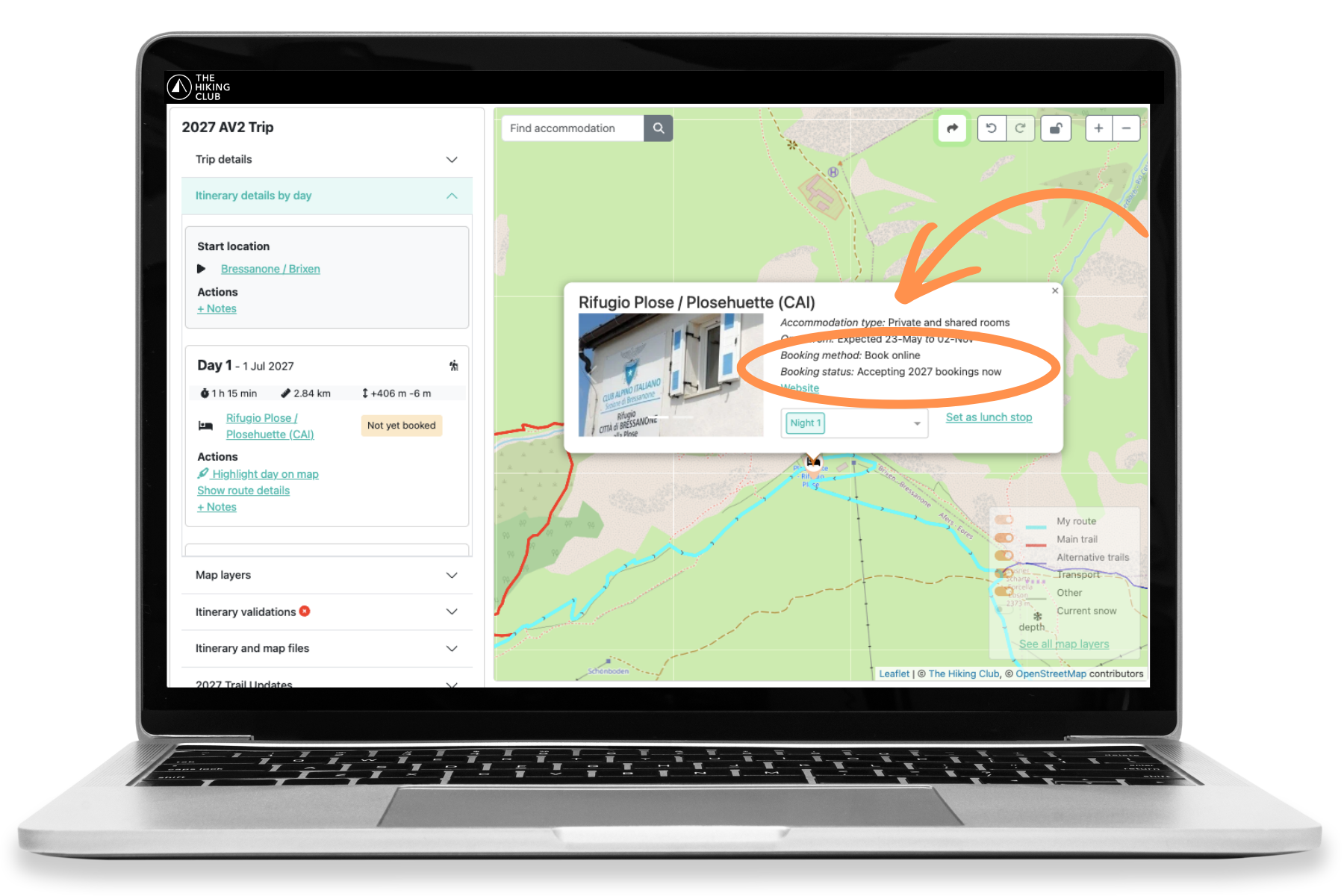 The Hiking Club showing the booking status for each night of an Alta Via 2 itinerary