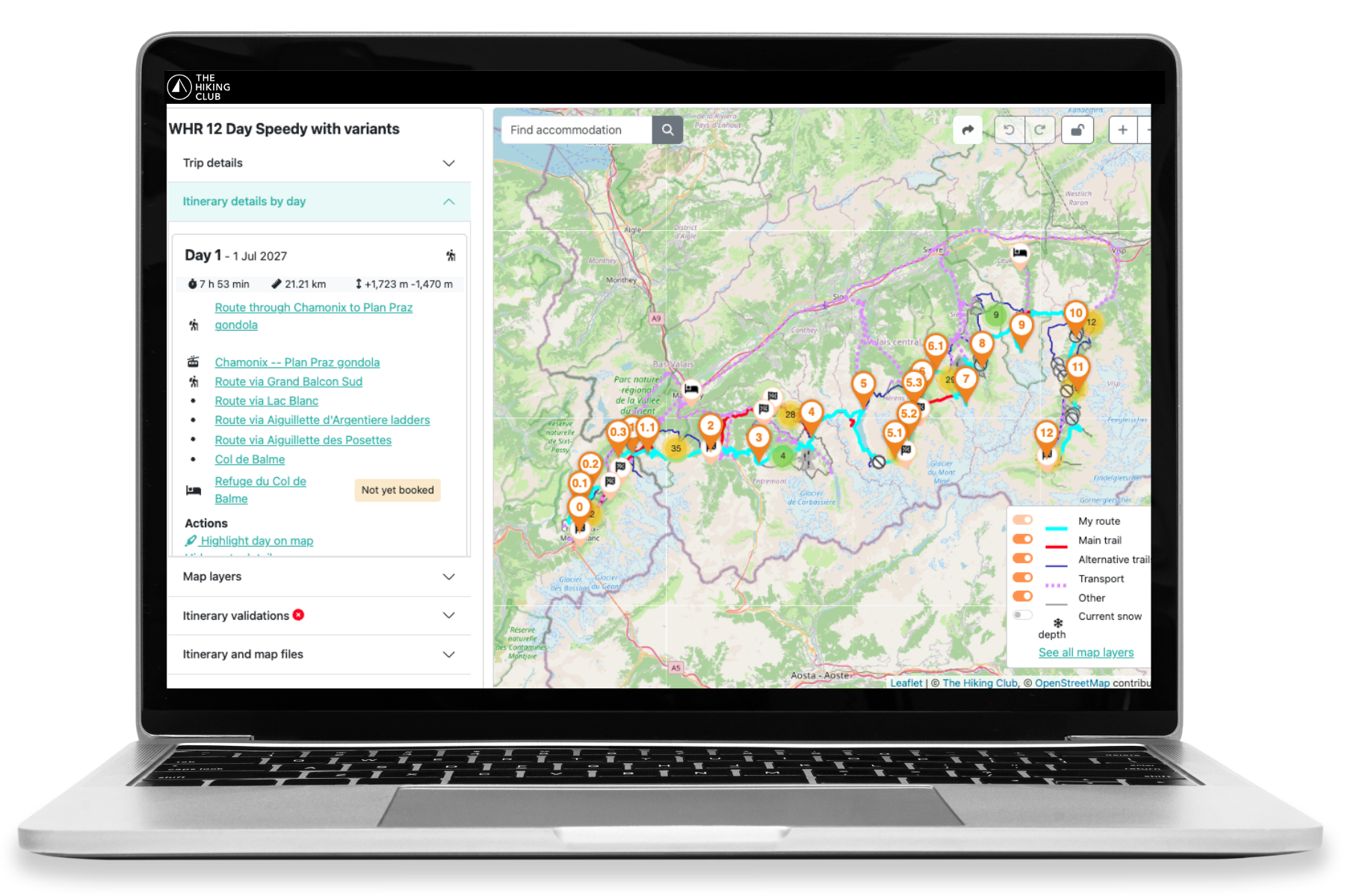 The Hiking Club platform showing a Walker’s Haute Route itinerary from Chamonix to Zermatt