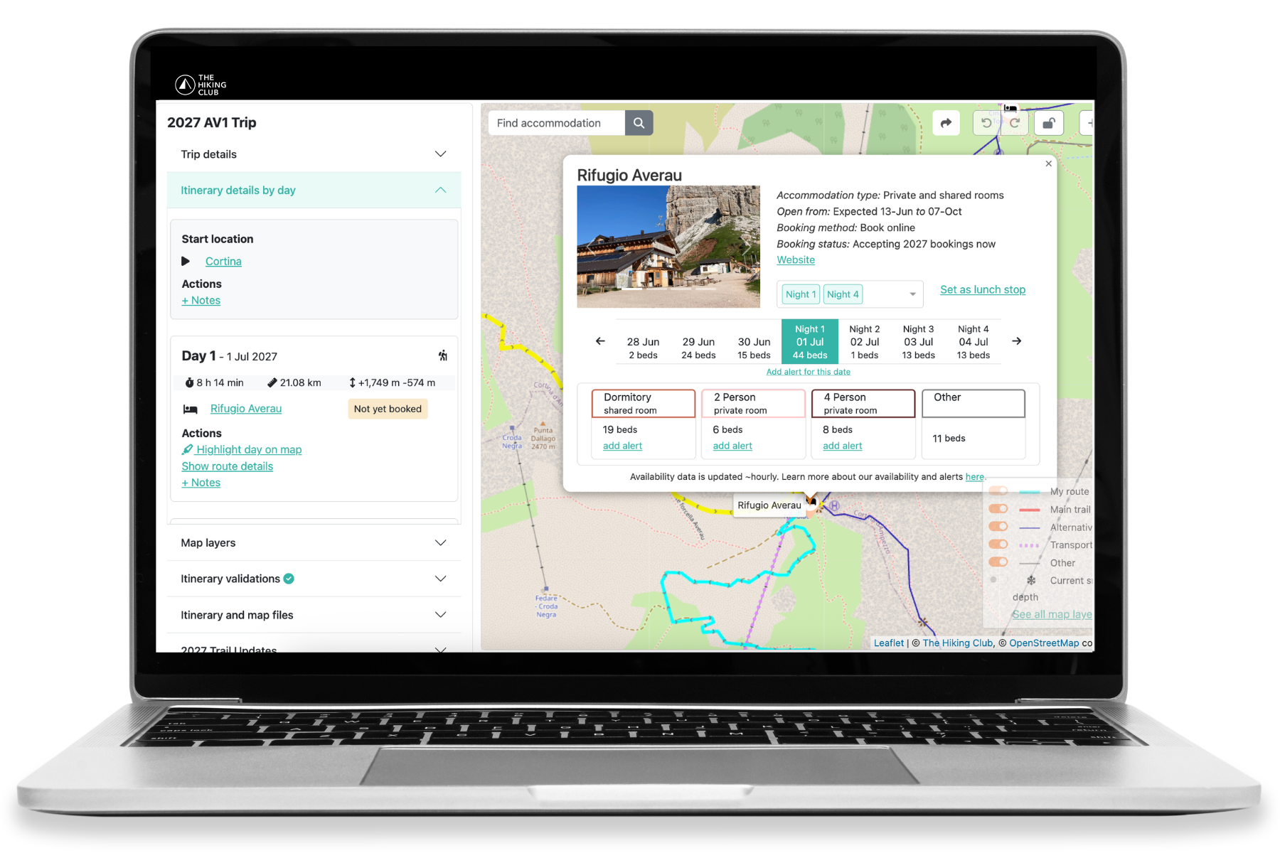 Live accommodation availability by date and room type, with alternative mountain huts for completing a bookable itinerary