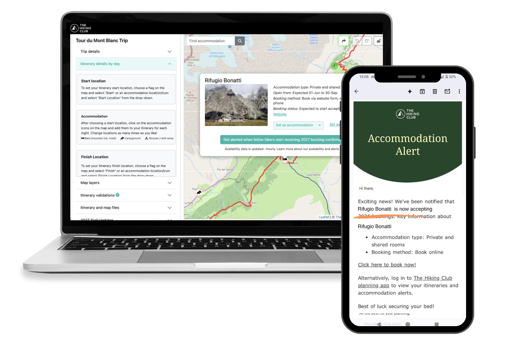 The Hiking Club accommodation alert interface