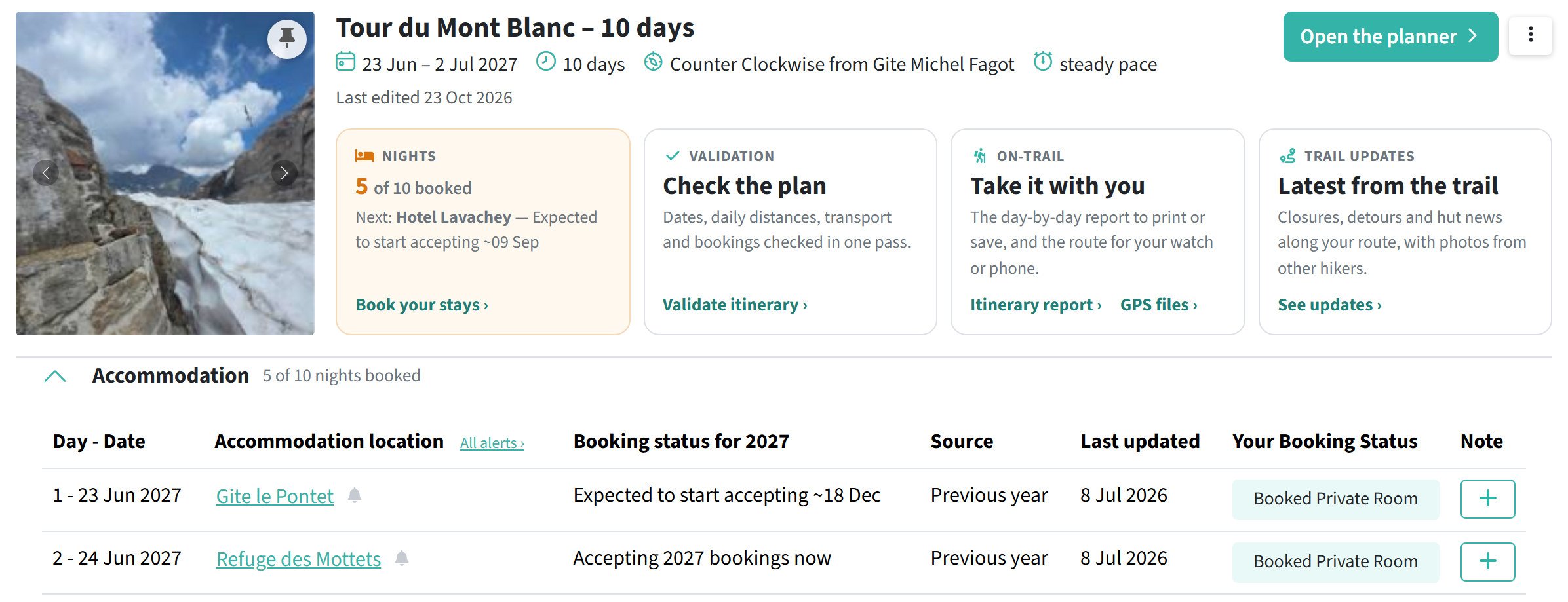 Refreshed Trails page displaying itinerary details, booking progress, validation, on-trail resources and accommodation booking status.
