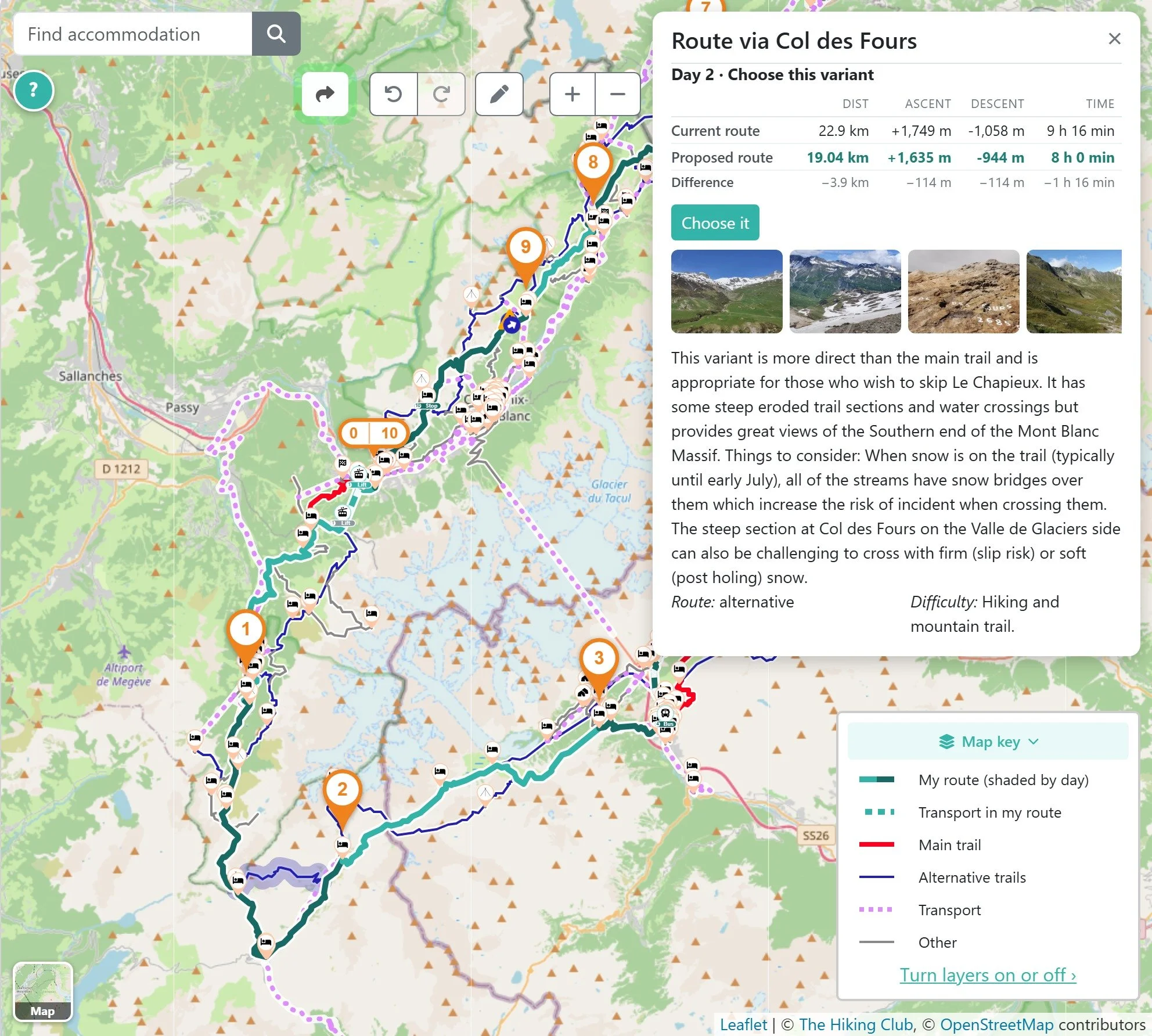 The Hiking Club itinerary planner comparing distance, elevation gain, elevation loss and estimated hiking time for different route choices