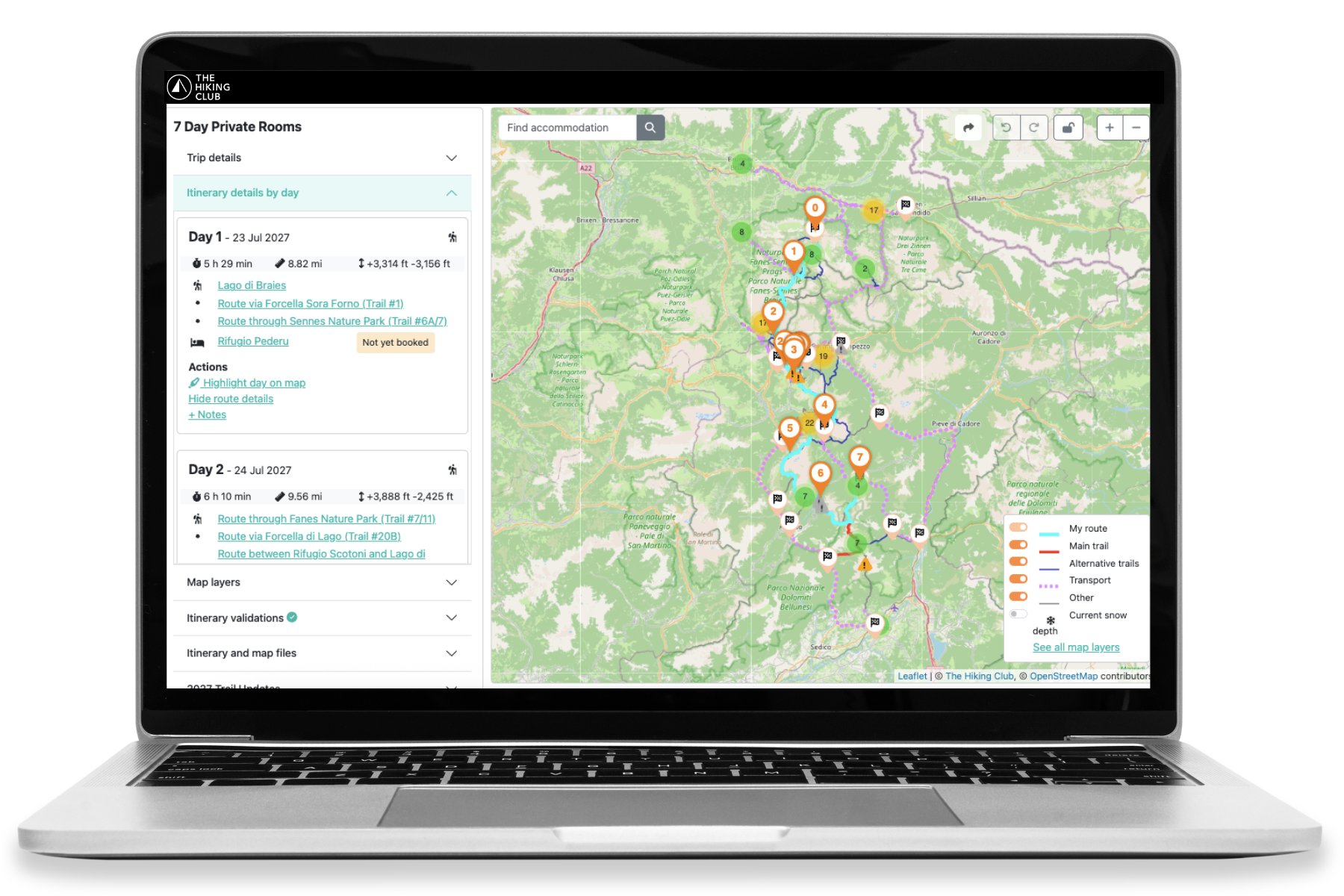 The Hiking Club platform showing Alta Via 1 itinerary and accommodation planning