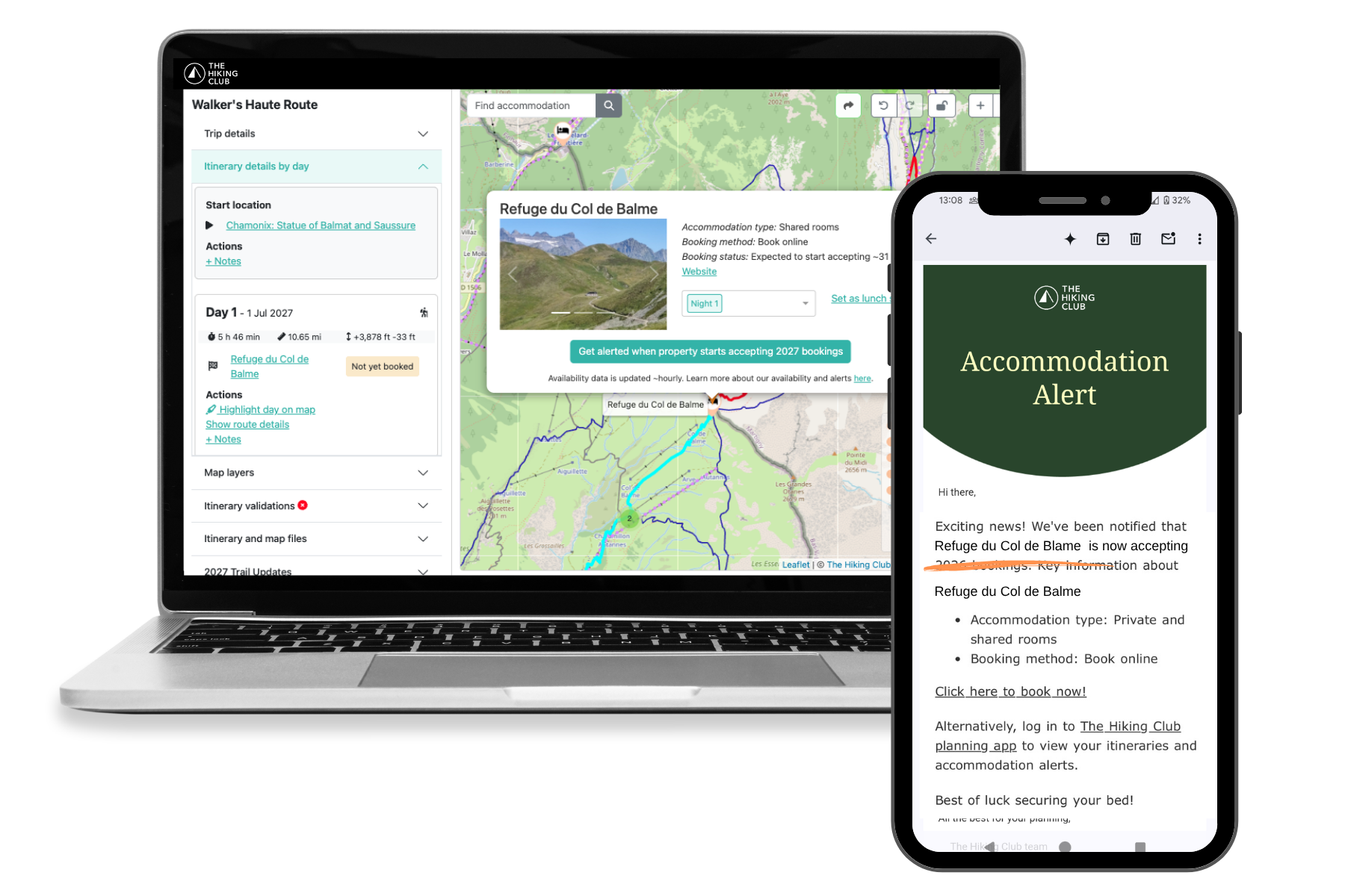 The Hiking Club Walker’s Haute Route accommodation alert interface