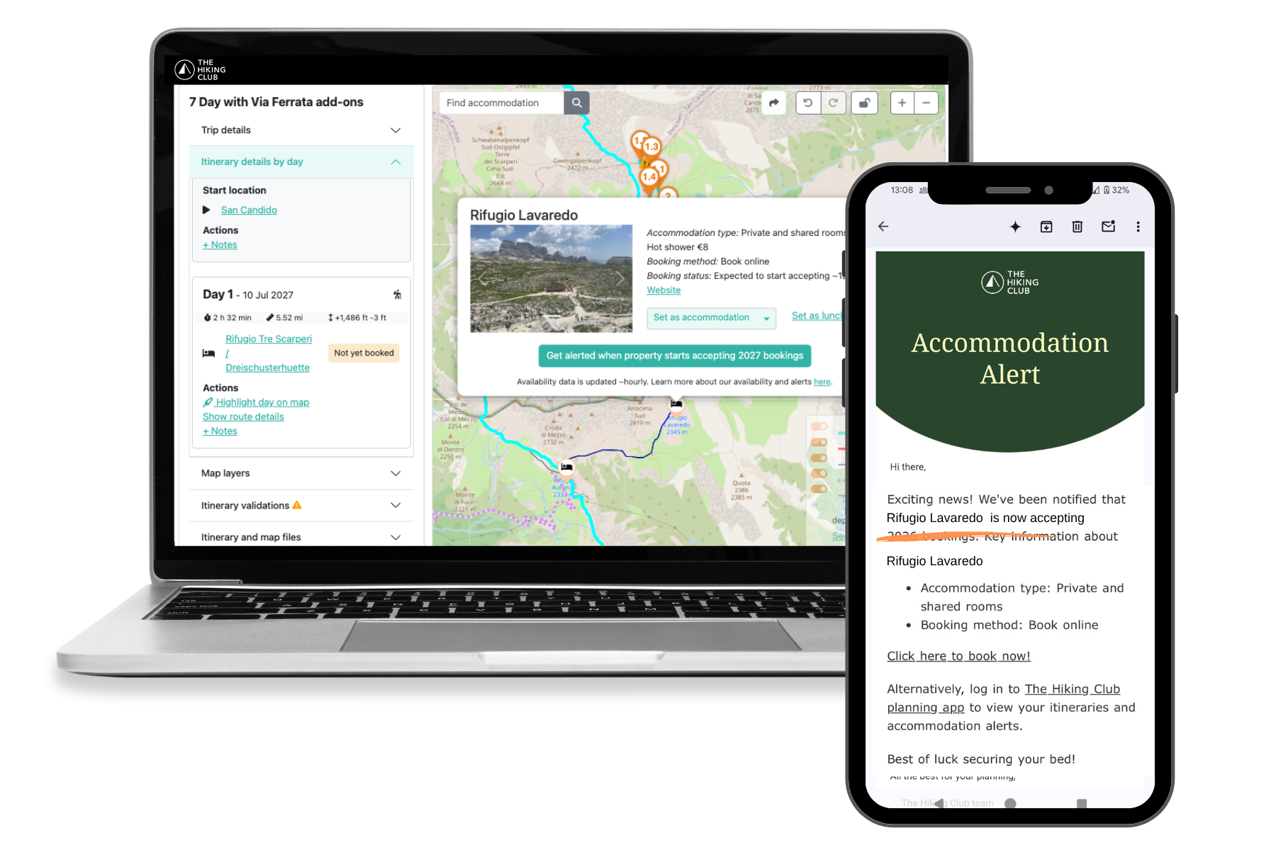 Opening and cancellation alerts for Alta Via 4 accommodation in The Hiking Club
