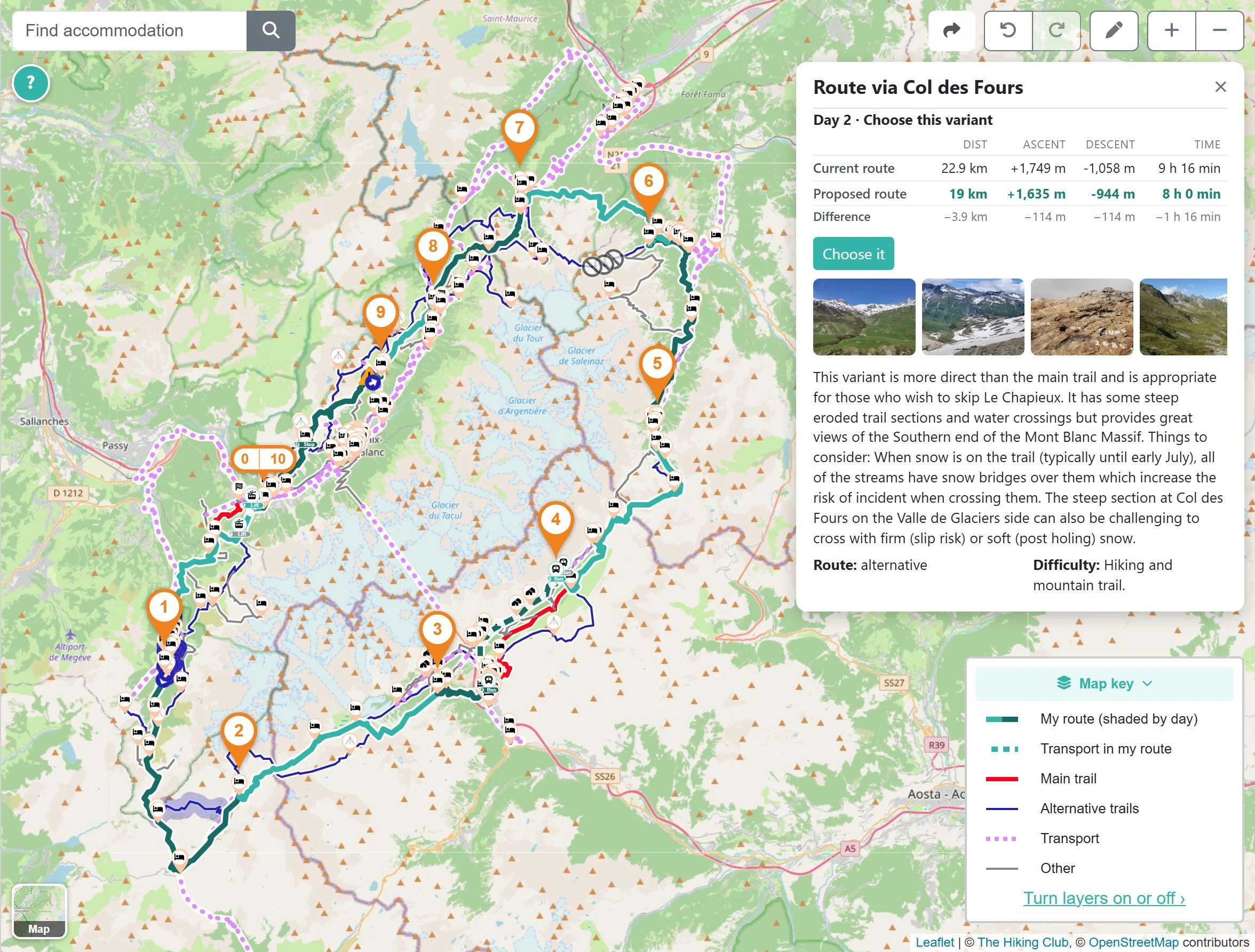 Col des Fours alternative route panel comparing the current and proposed day's distance, elevation and hiking time.
