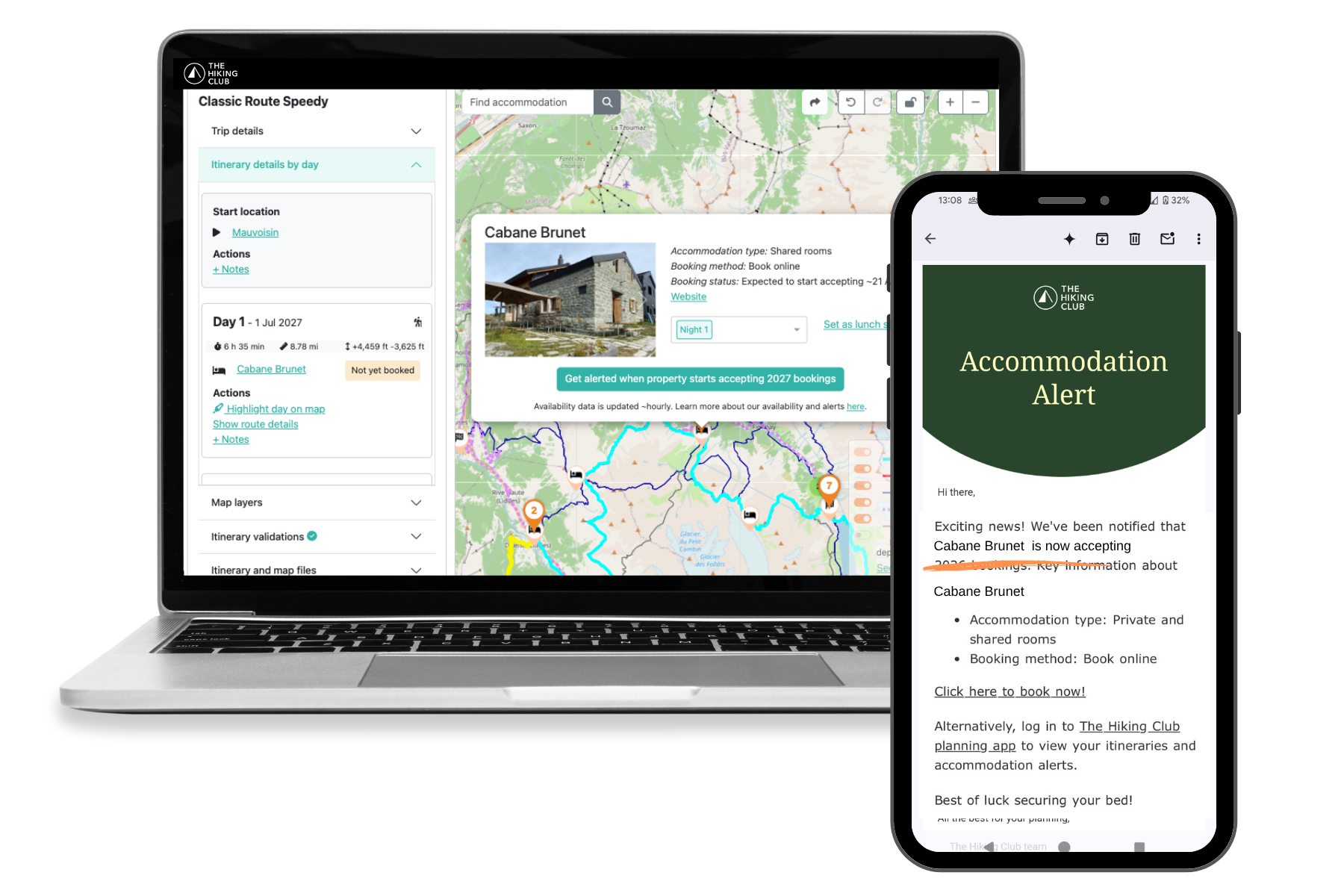 The Hiking Club Tour des Combins accommodation-alert interface