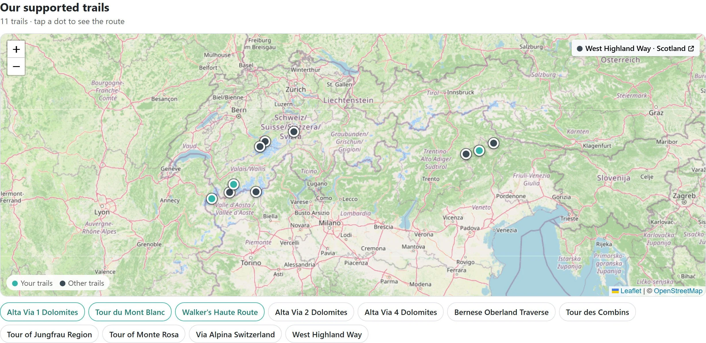 Interactive overview map of The Hiking Club's supported trails with trail names below.