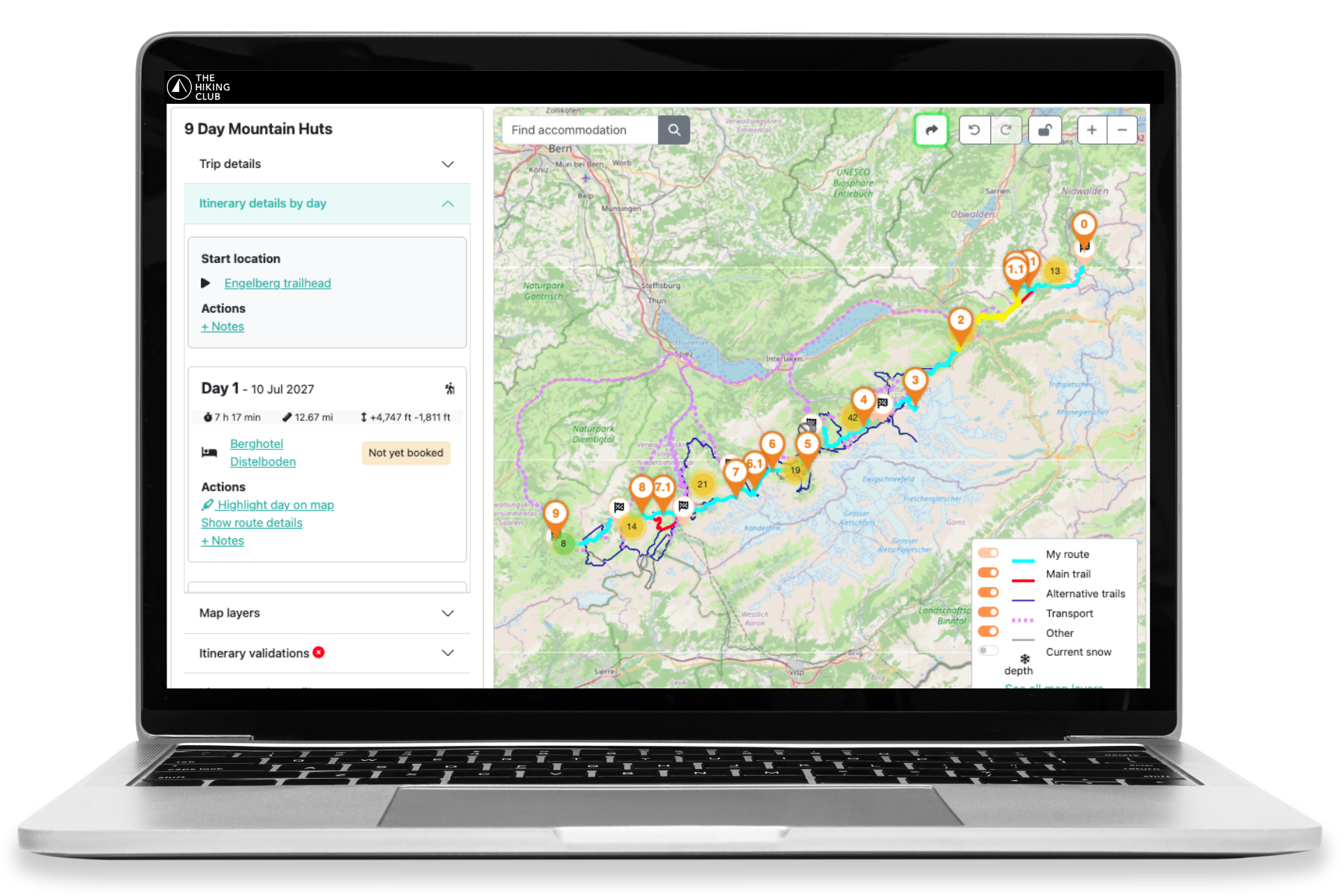 Nine-day Via Alpina Switzerland itinerary in The Hiking Club planning platform