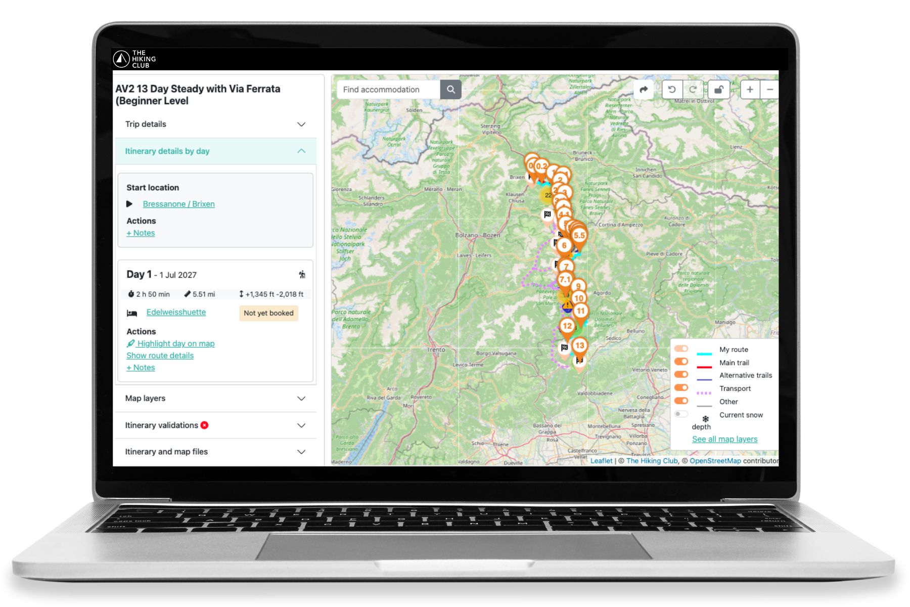 The Hiking Club platform showing Alta Via 2 itinerary templates and daily hiking stages