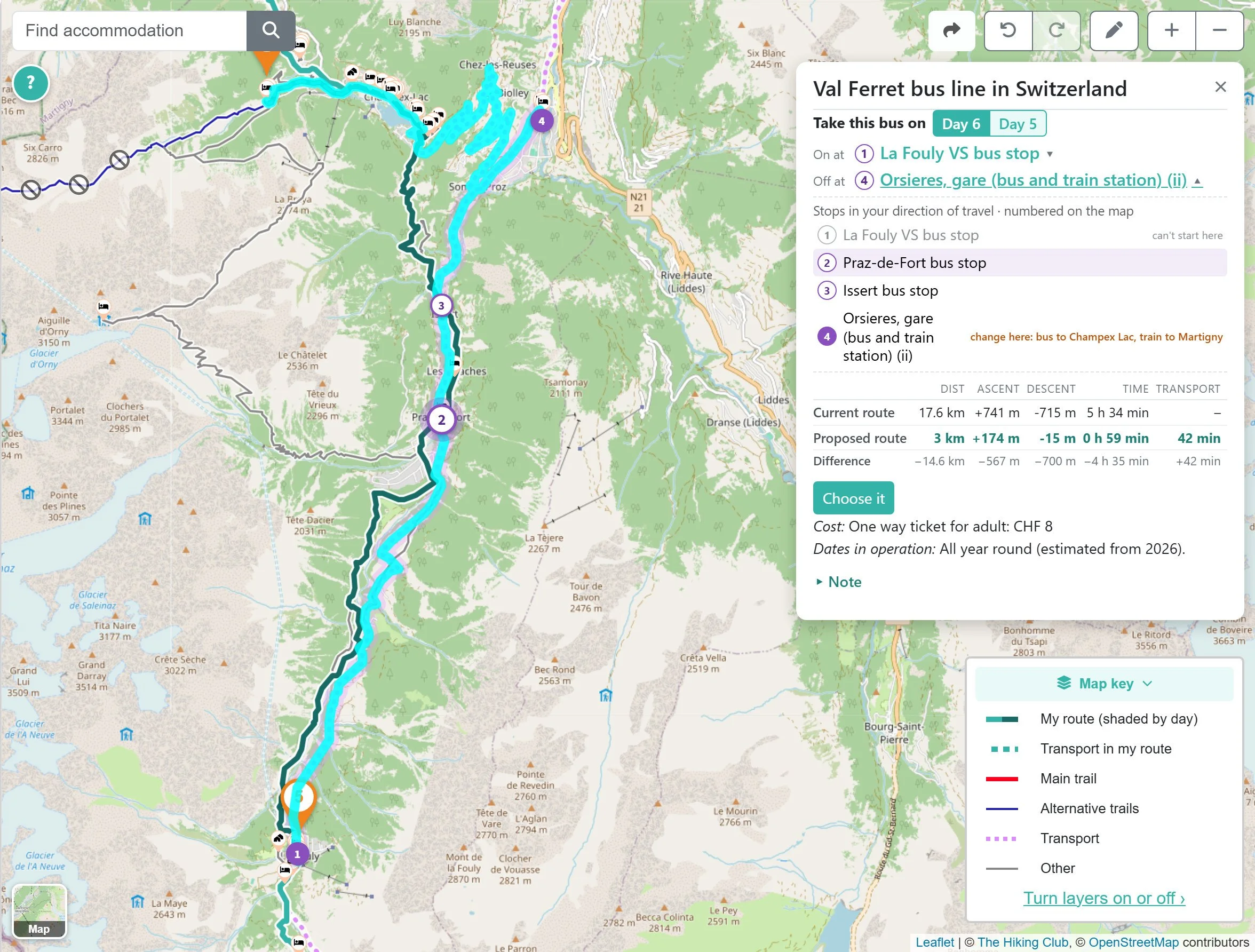 Swiss Val Ferret bus route with boarding and destination stop selection and numbered stops on the map.