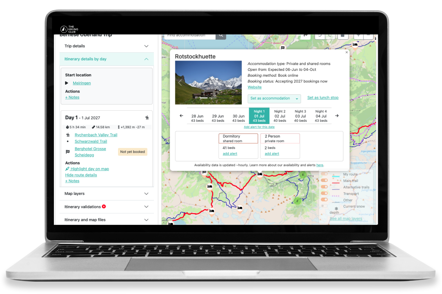 Live Bernese Oberland accommodation availability in The Hiking Club platform