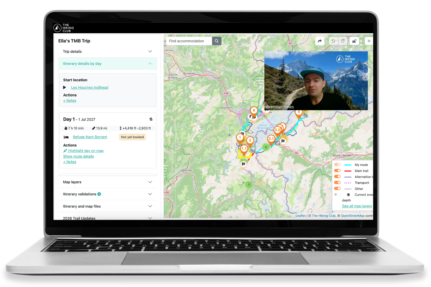 A live Expert Access consultation with trail expert Brendan reviewing a Tour du Mont Blanc itinerary in The Hiking Club planning platform