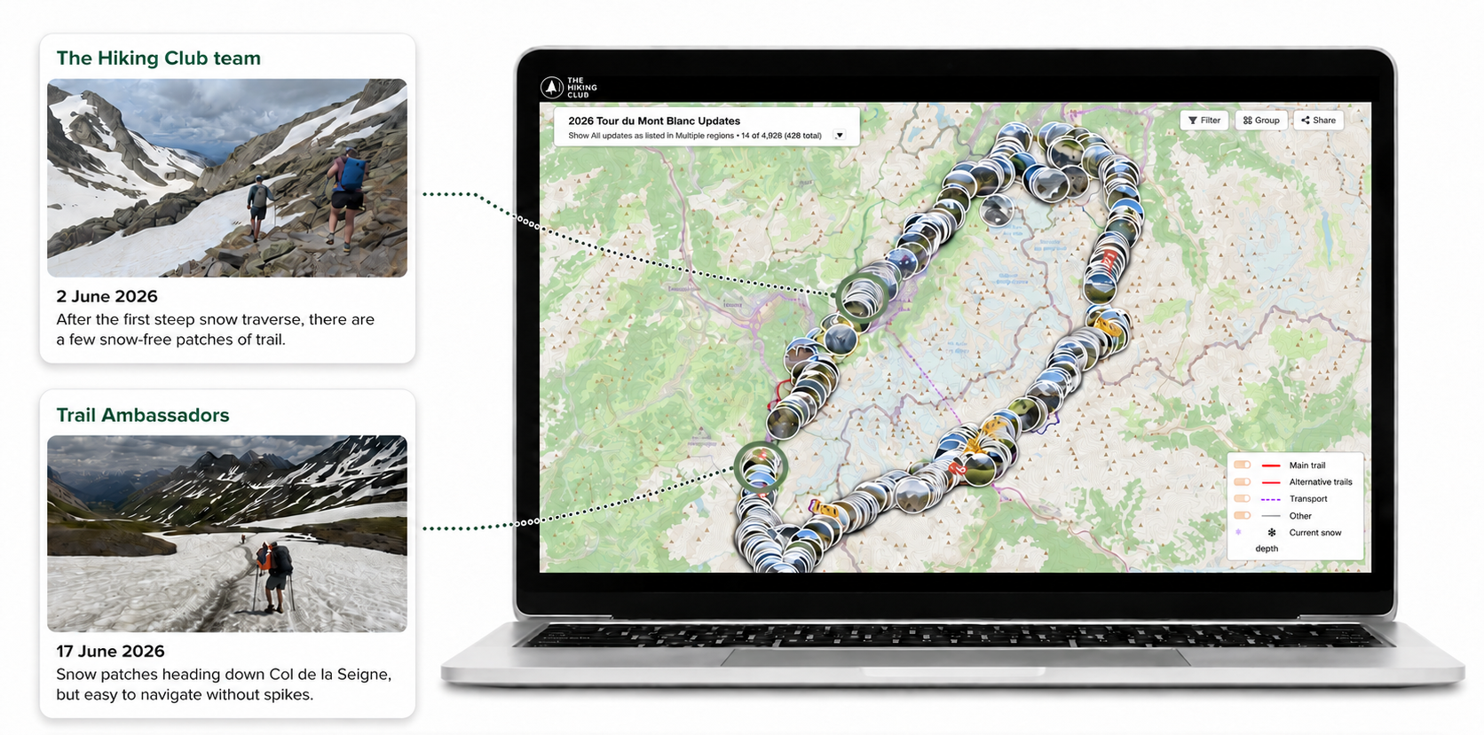 The Hiking Club interactive Trail Updates Map showing recent photographs, closures, warnings and condition reports by location