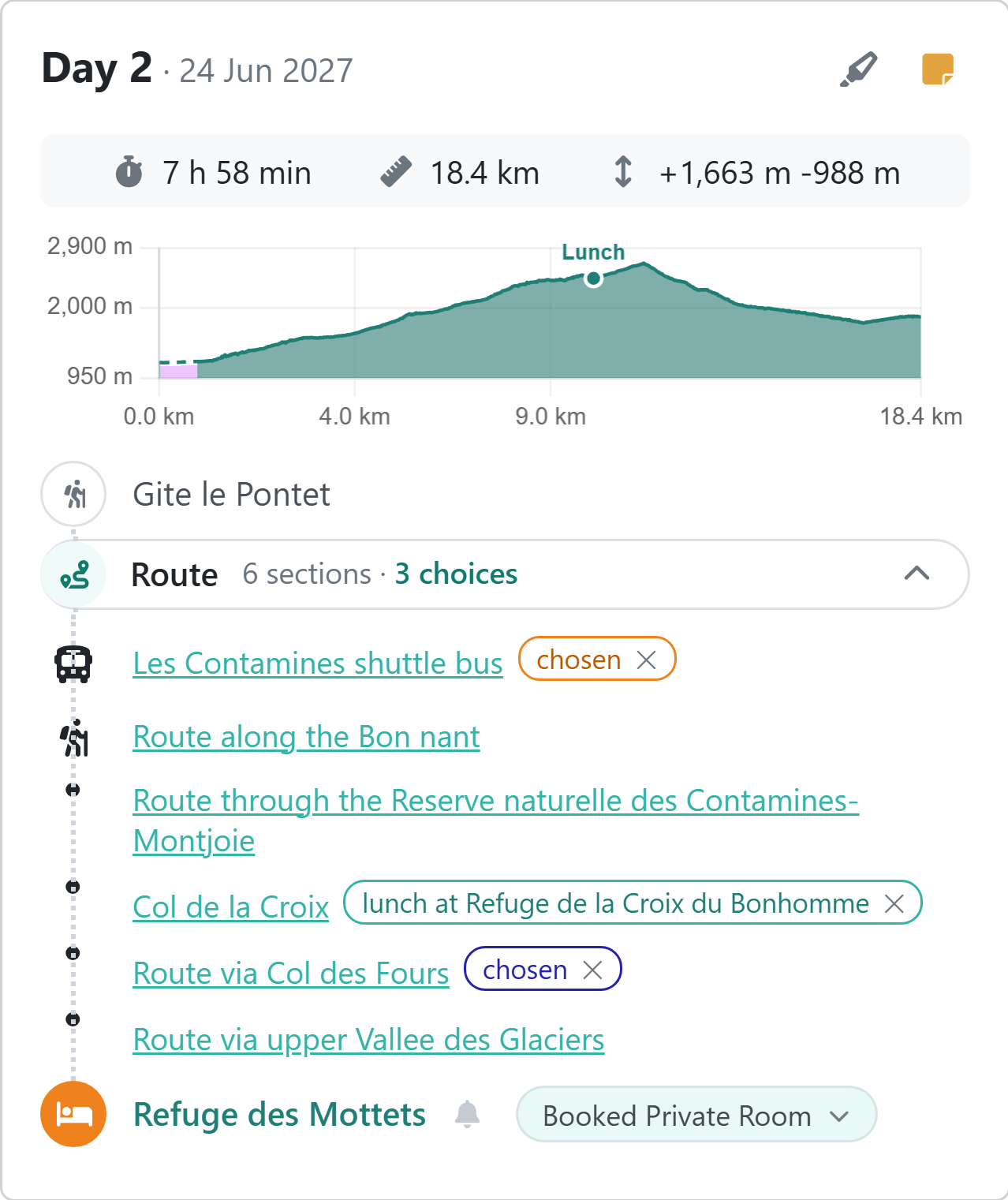 Day card showing a selected shuttle bus, planned hut stop and alternative route, each with a remove option.