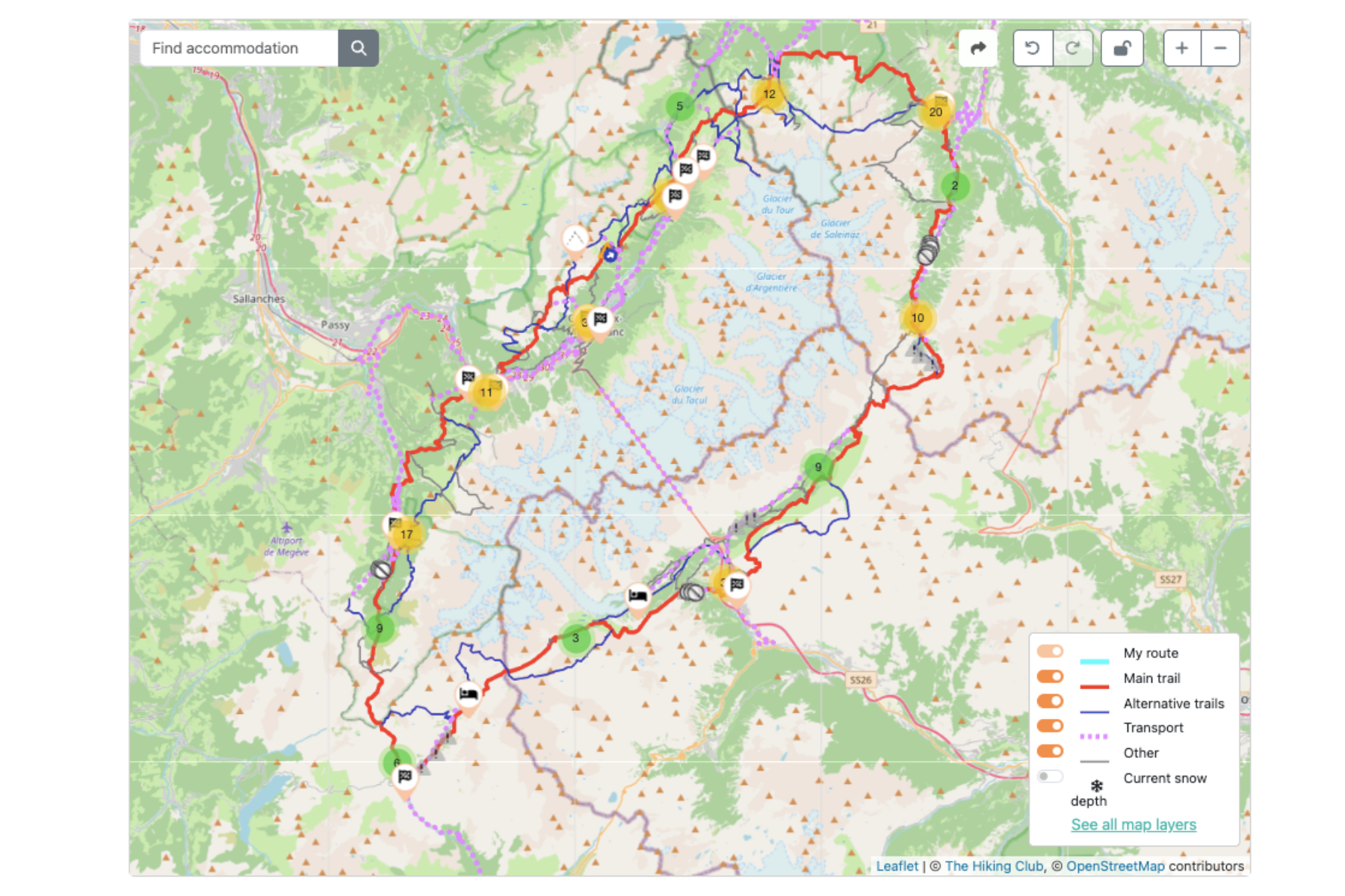 Tour du Mont Blanc route map in The Hiking Club planning platform