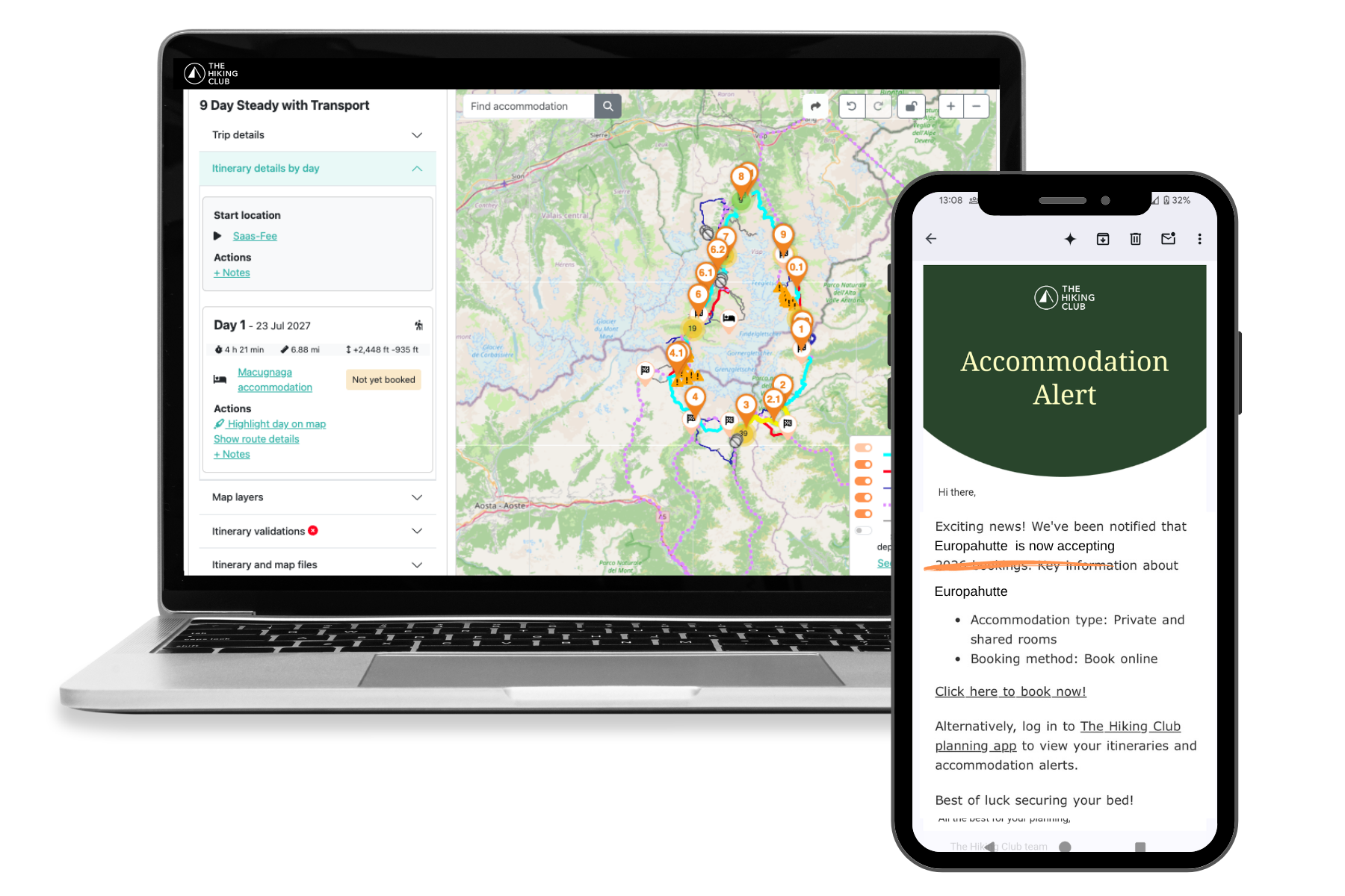 The Hiking Club Tour of Monte Rosa planning platform showing itinerary stages, route options, accommodation and daily hiking statistics