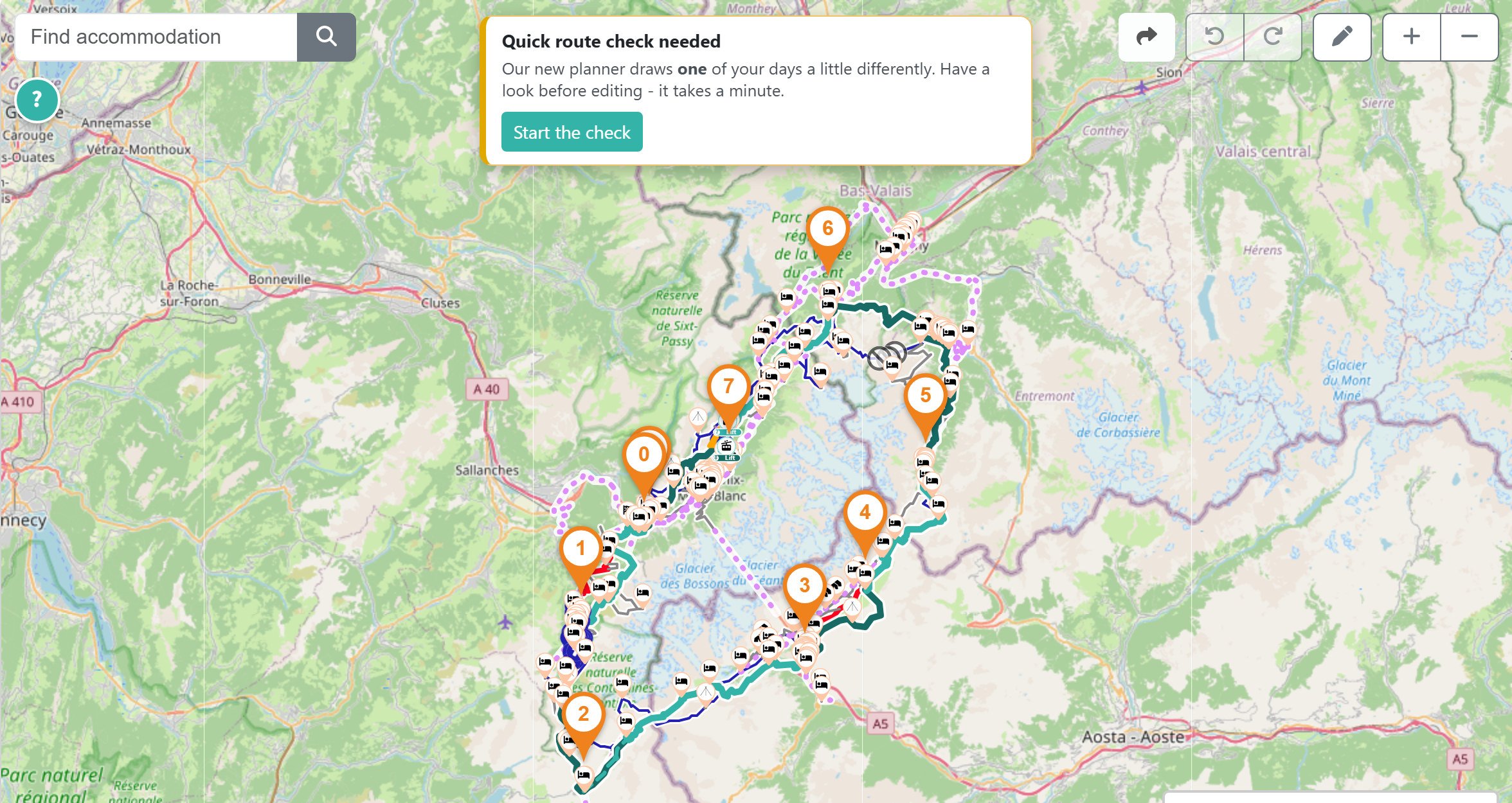The planner's quick route check callout over an existing Tour du Mont Blanc itinerary.