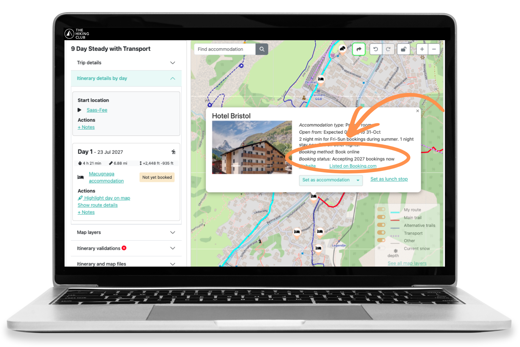 The Hiking Club itinerary showing Tour of Monte Rosa accommodation booking status for each night