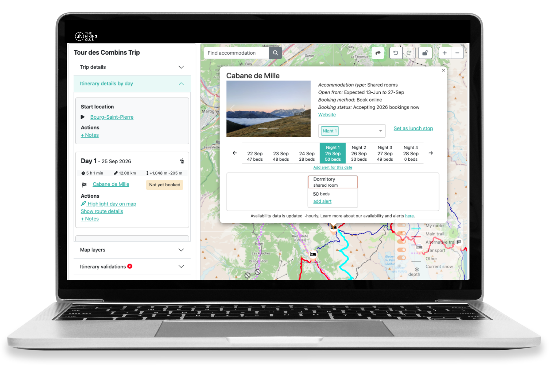 Live Tour des Combins accommodation availability in The Hiking Club platform