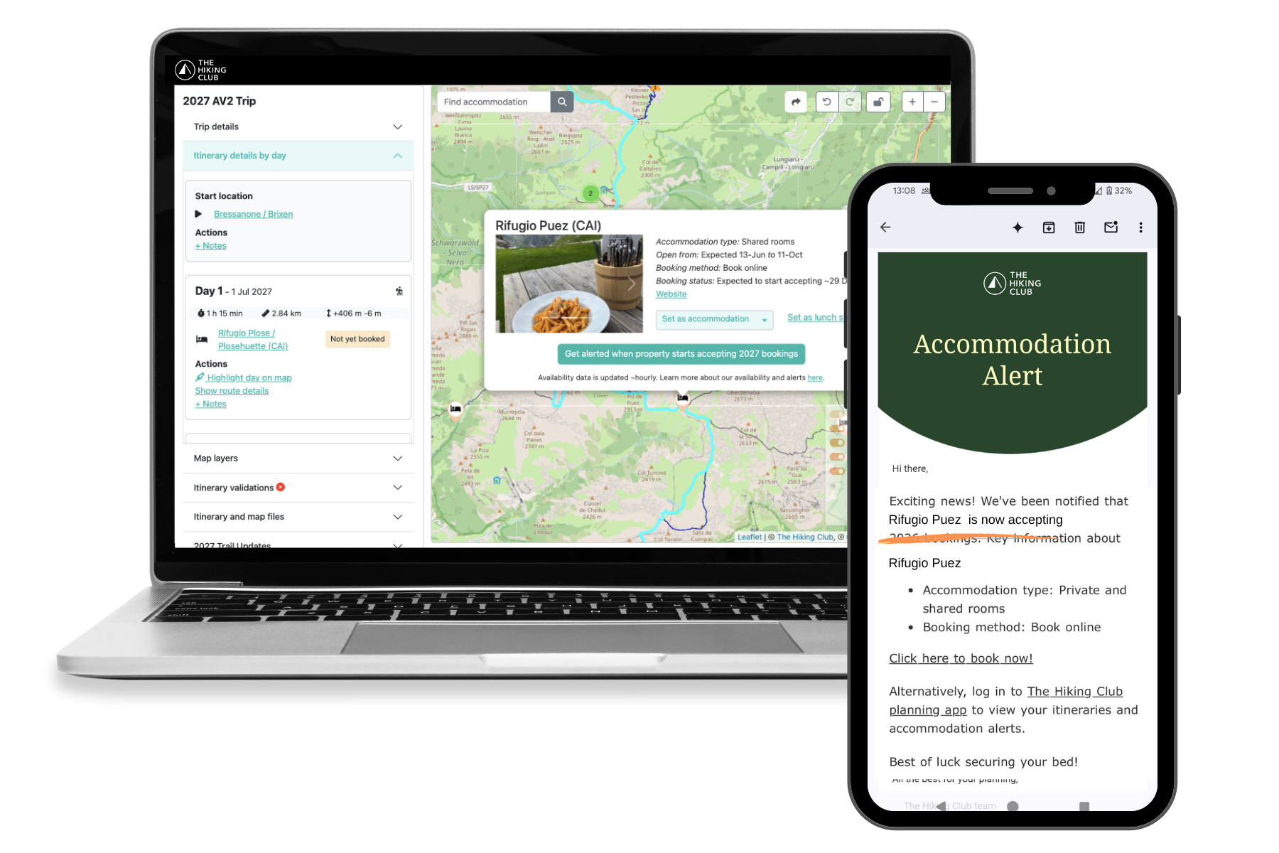 Opening and cancellation alerts for Alta Via 2 accommodation in The Hiking Club