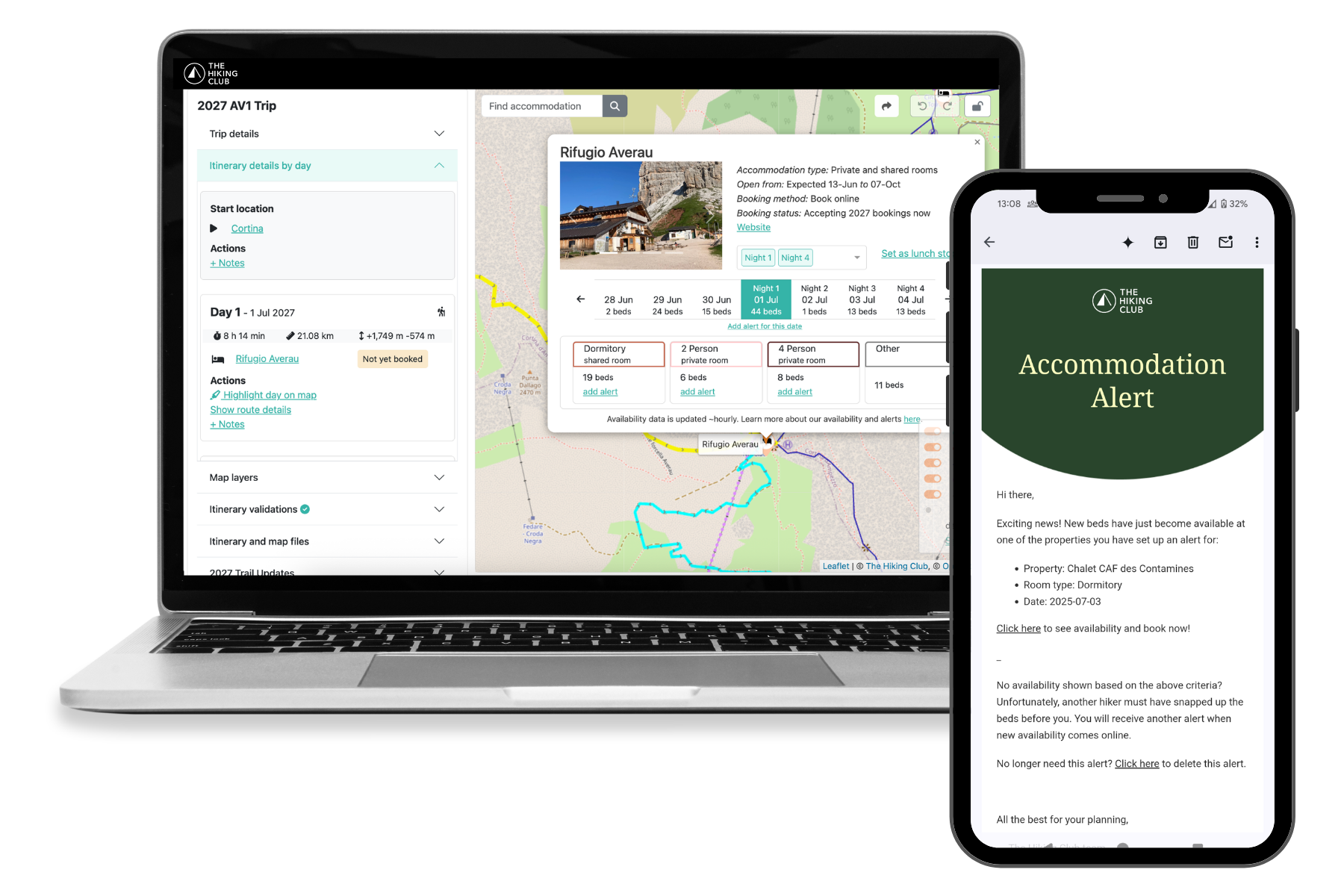 The Hiking Club accommodation availability and booking alerts displayed on desktop and mobile devices