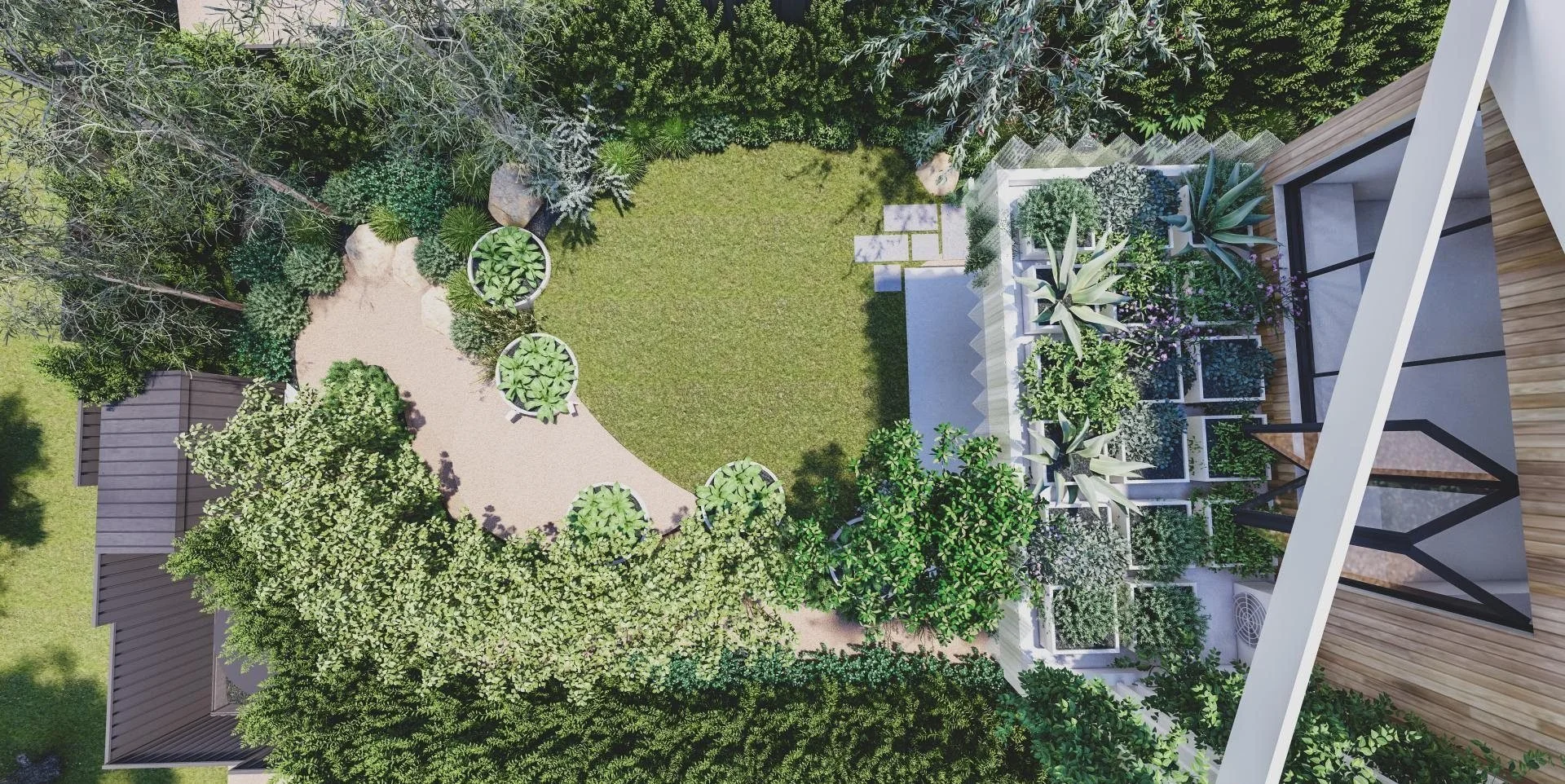 Aerial concept render of the garden and green roof planters