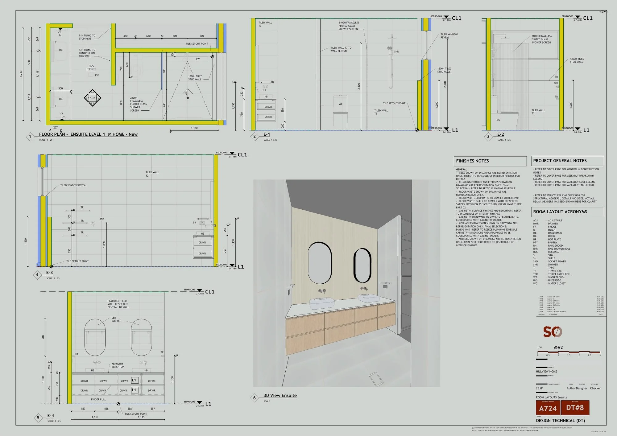 Ensuite plan, elevations and 3D view sheet