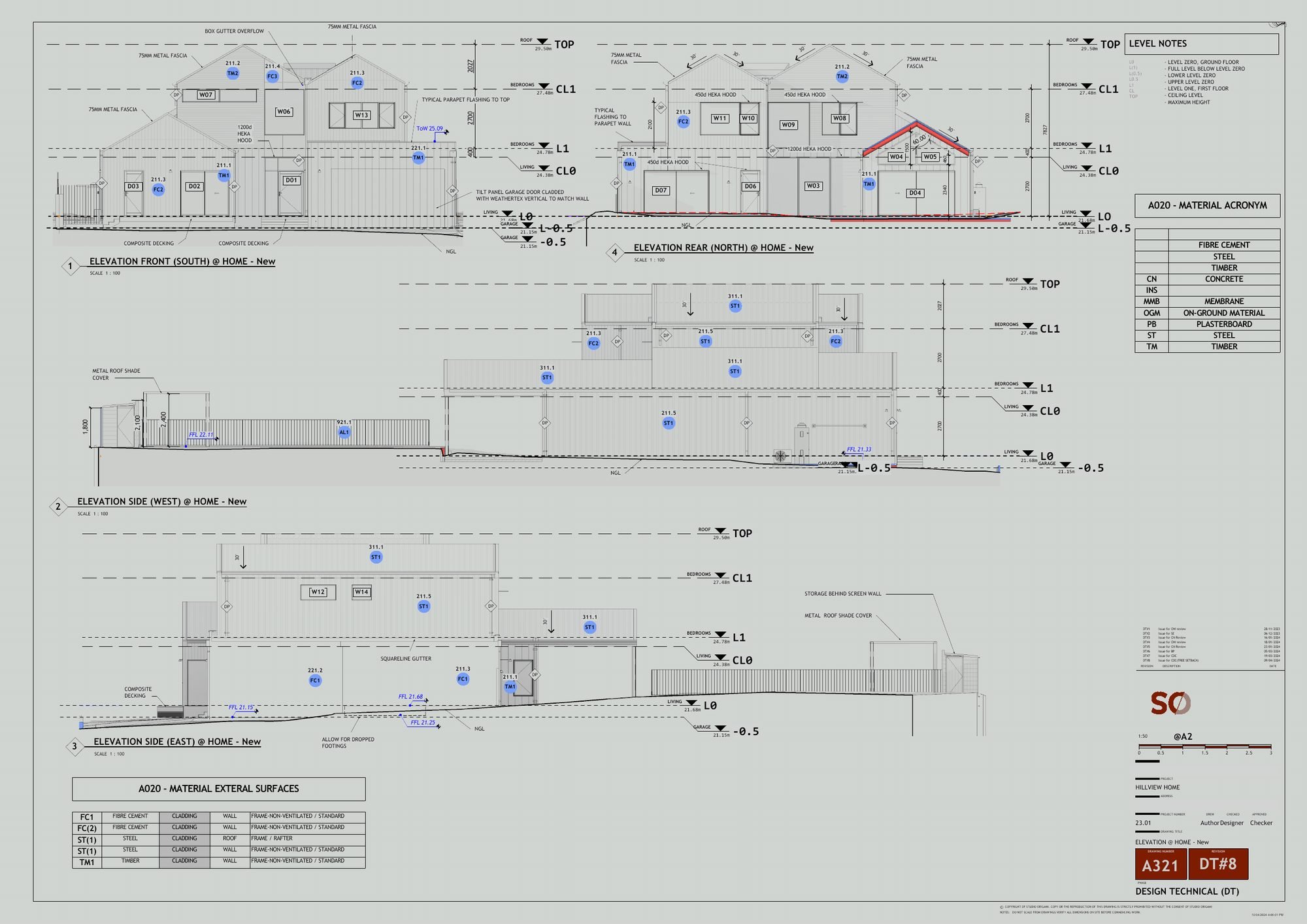 Elevations sheet with external materials schedule