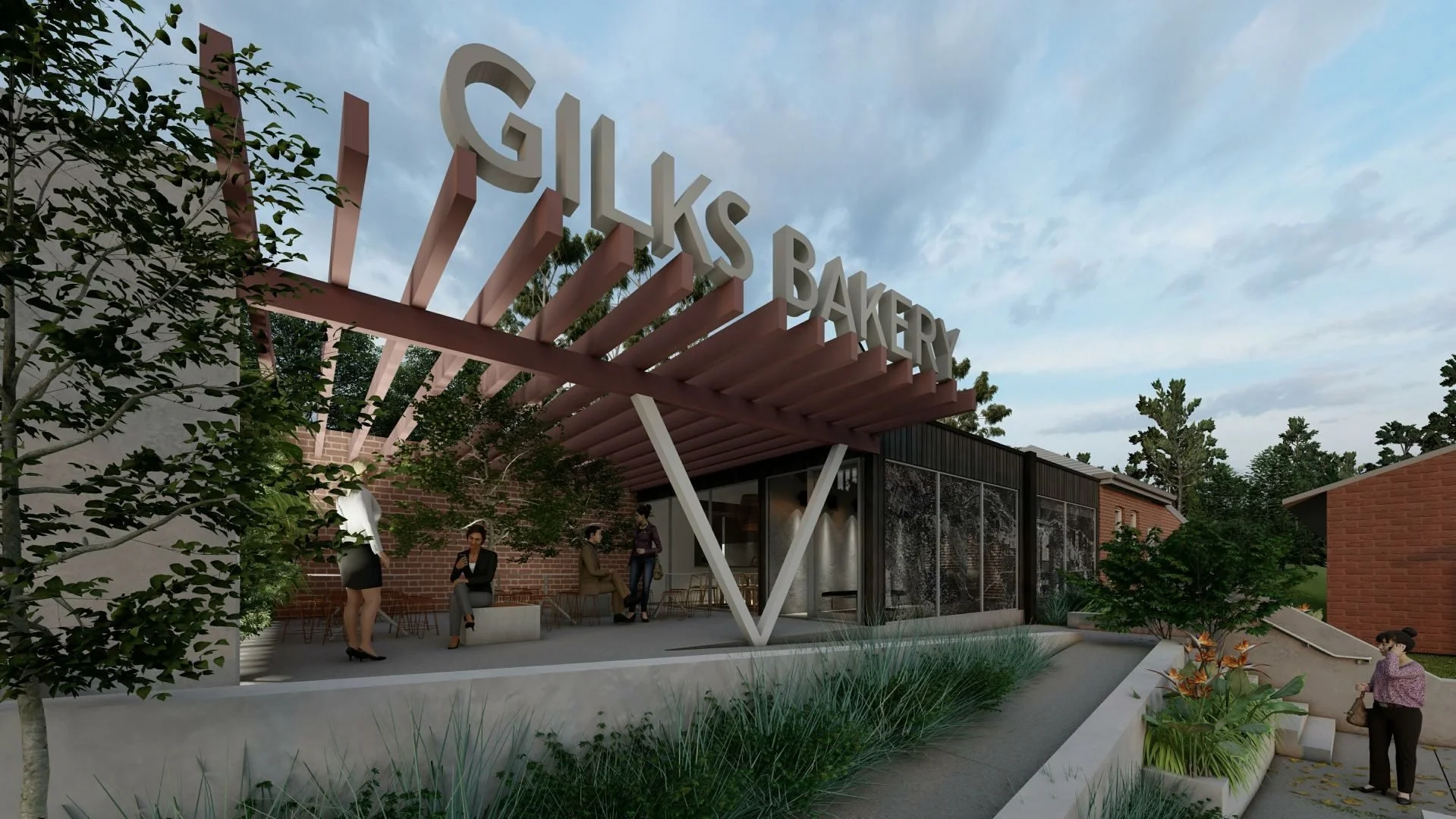Render of the entry pergola and courtyard