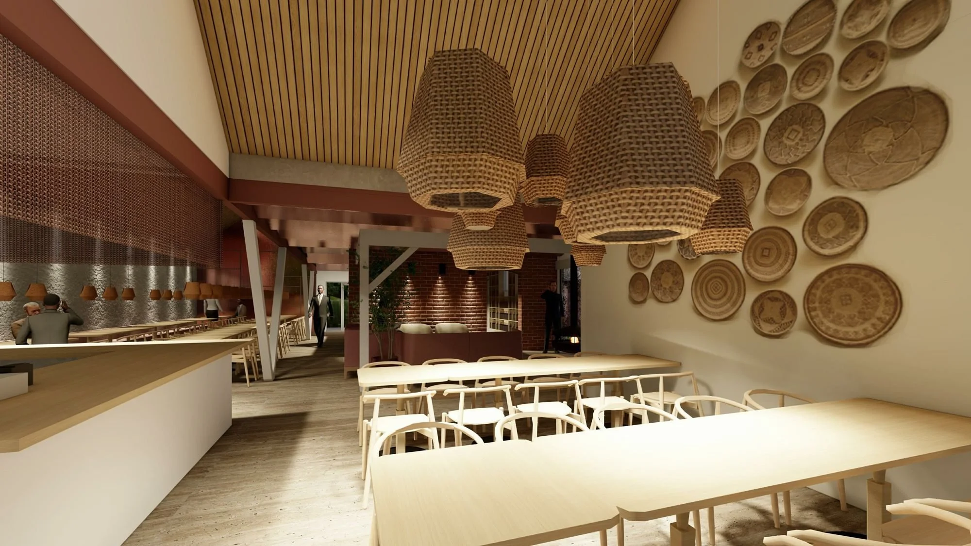 Render of the dining room with woven feature wall