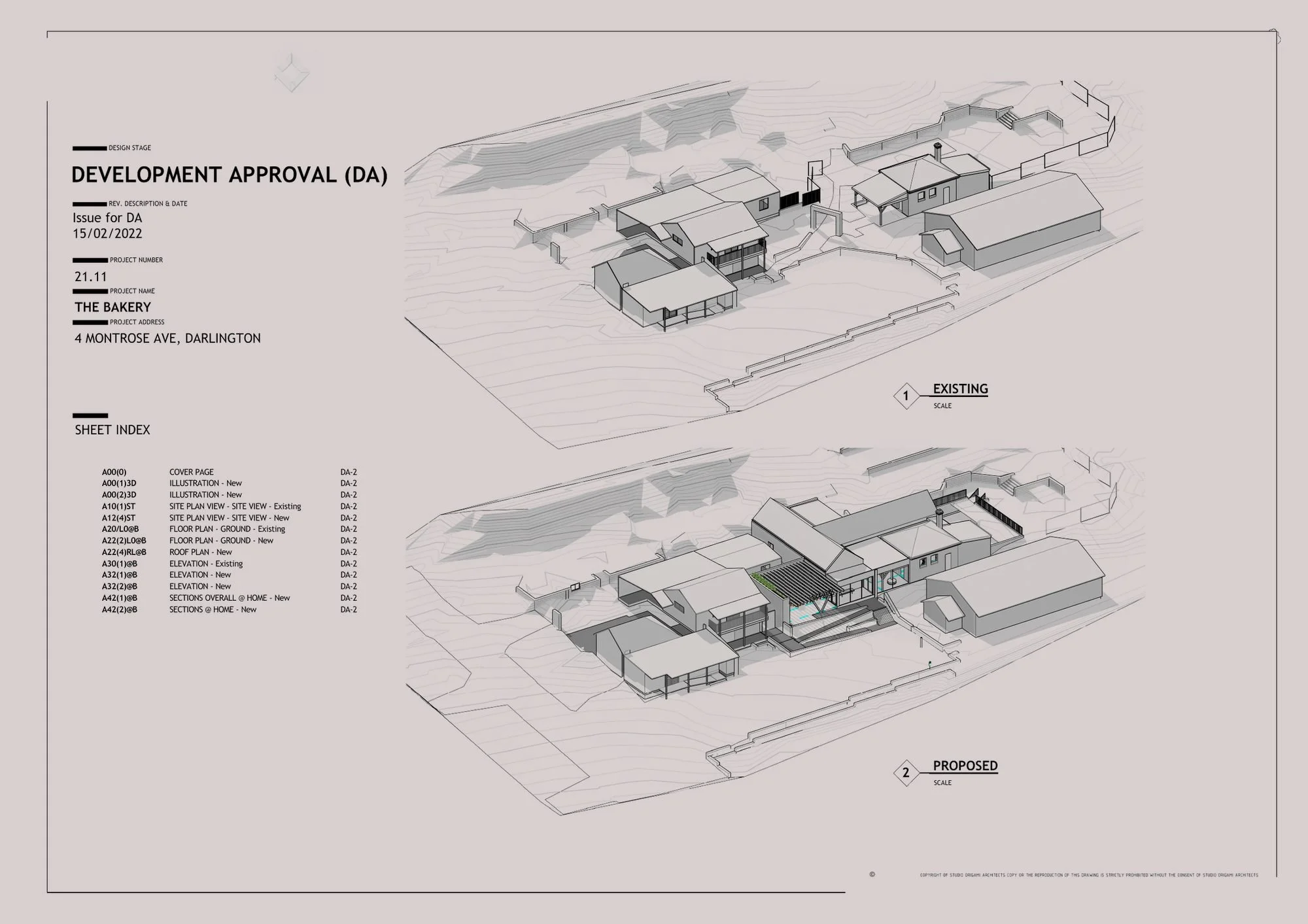 Axonometric views of the site, existing and proposed