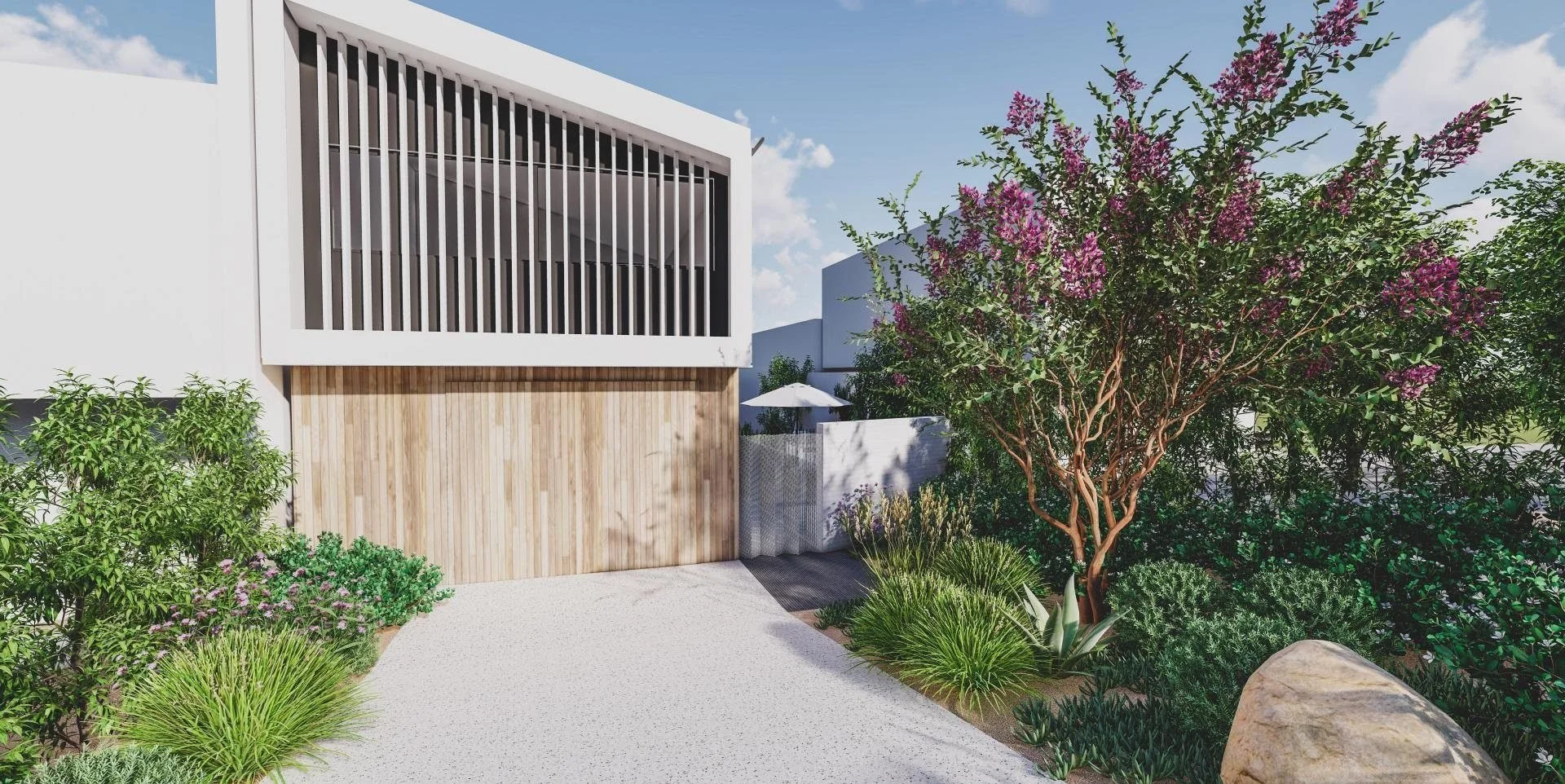 Concept render of the street front with timber screen and garden