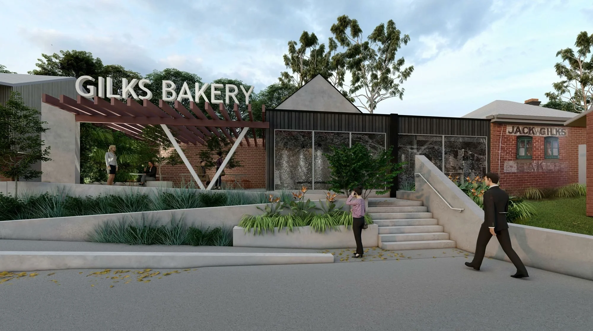 Render of the bakery entry ramp and courtyard