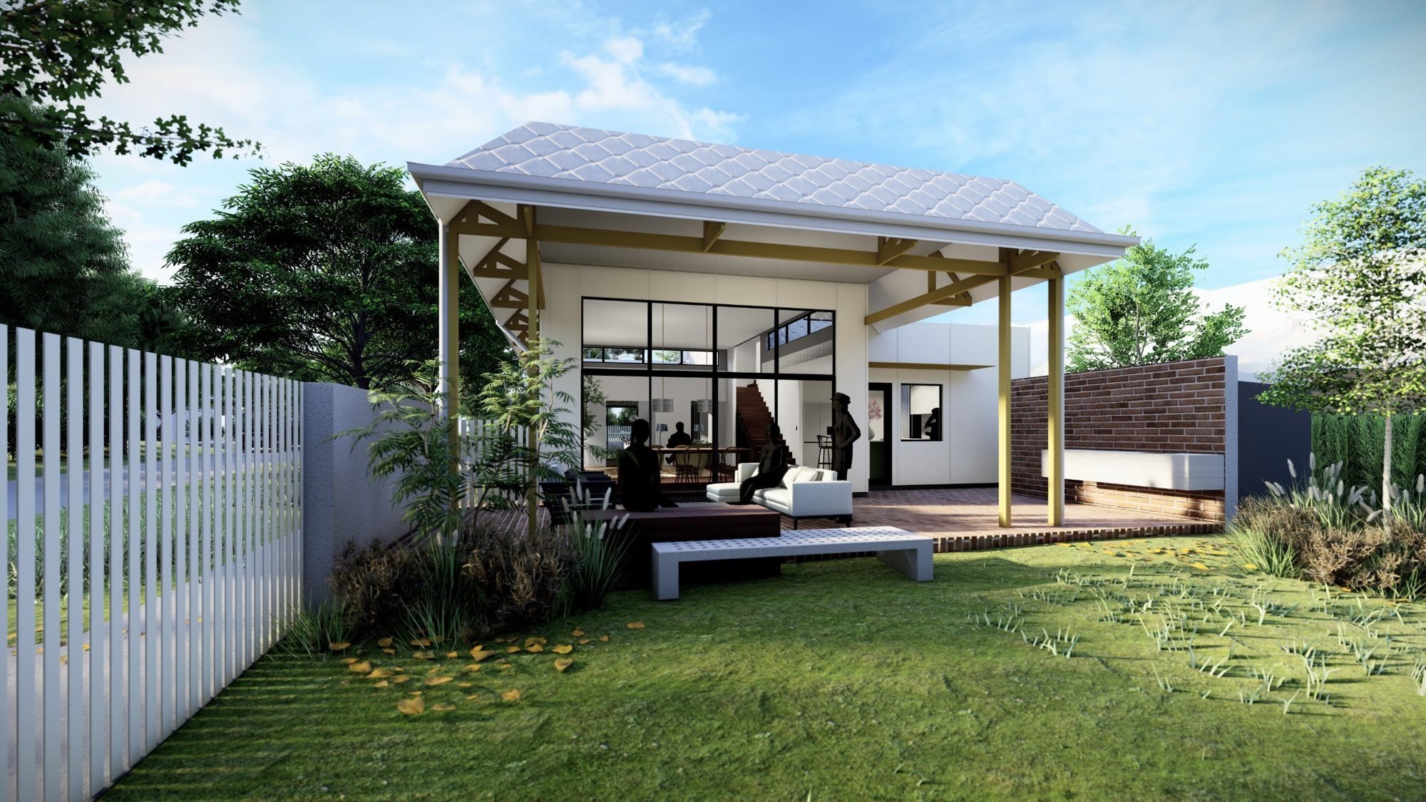 Render of the rear alfresco under the trussed roof