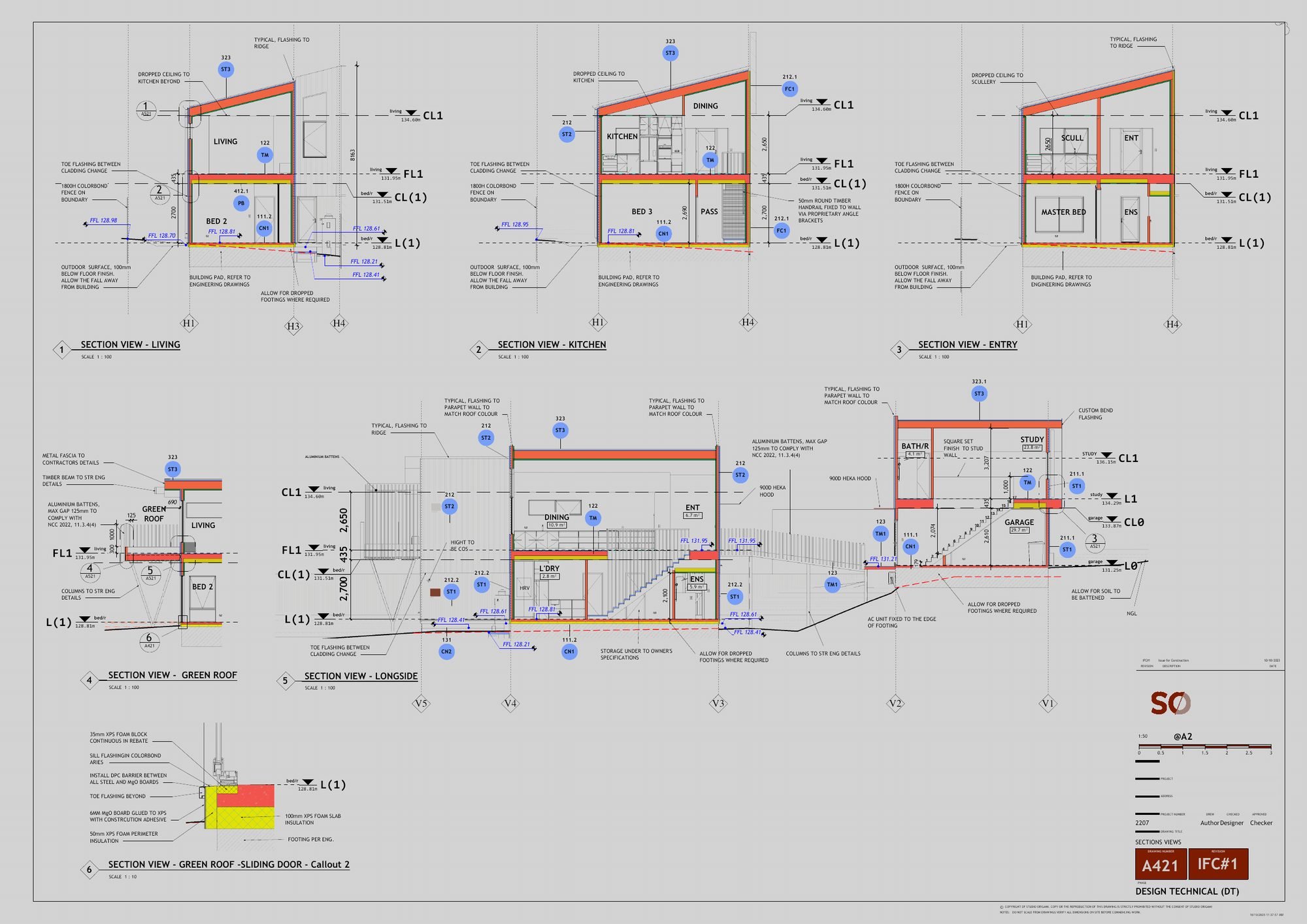 Sections sheet through the pavilions