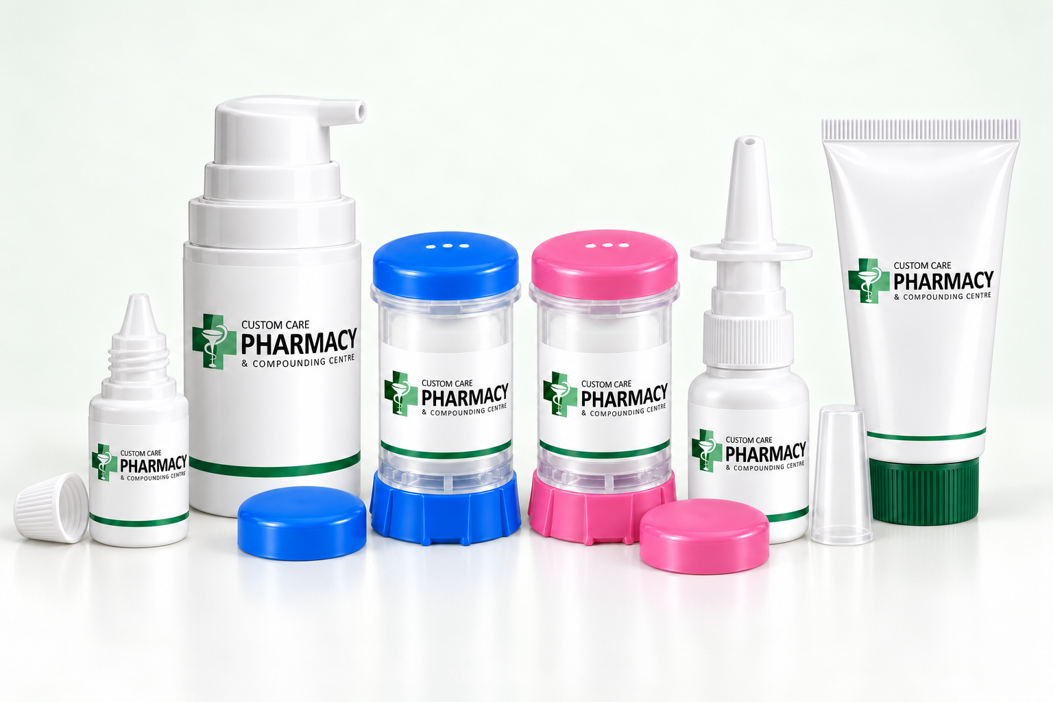 Custom Care labelled compounding containers: cream tube, airless pump, blue and pink Topi-CLICK-style dispensers, eye-drop bottle and nasal spray. Illustrative packaging.