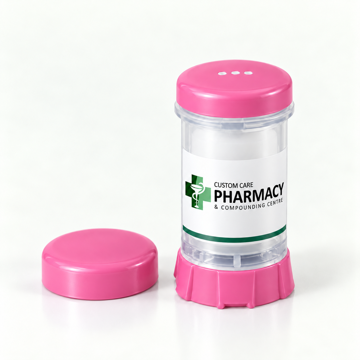 Illustrative Custom Care branded pink topi-click