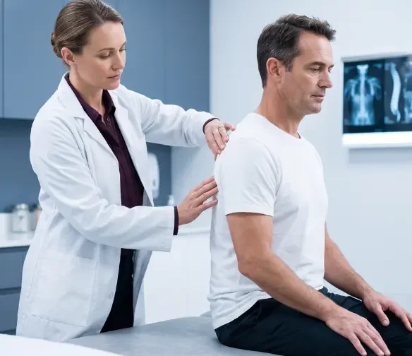 car accident doctor in midwest city oklahoma specialist standing behind seated patient performing upper back and spine examination
