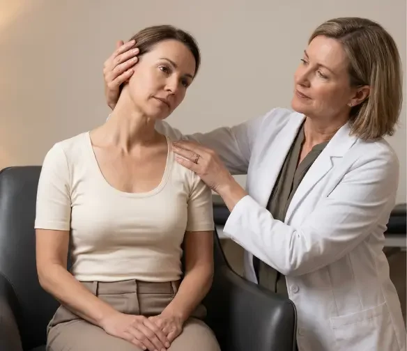 Doctor performing a cervical exam on a patient seeking whiplash treatment in Norman, Oklahoma after a car accident