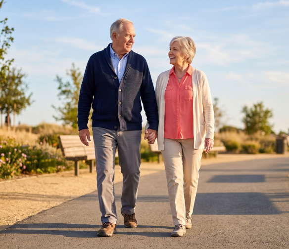 Older couple walking comfortably outdoors after treatment from their Edmond pain management doctor