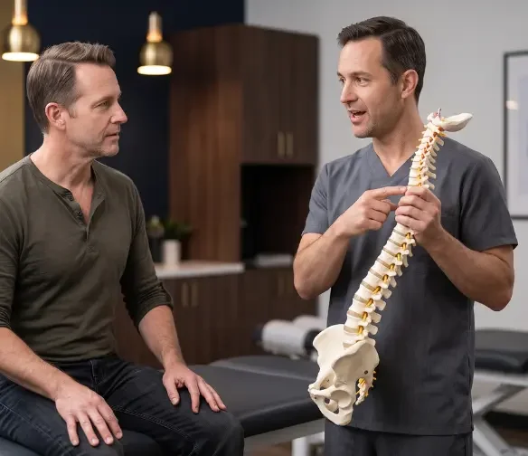 whiplash treatment del city oklahoma specialist explaining neck injury to patient using anatomical spine model