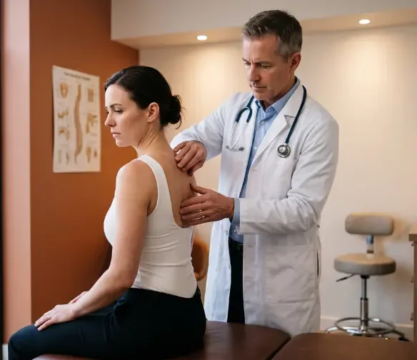 car accident doctor in del city oklahoma specialist standing behind seated patient performing upper back and spine examination