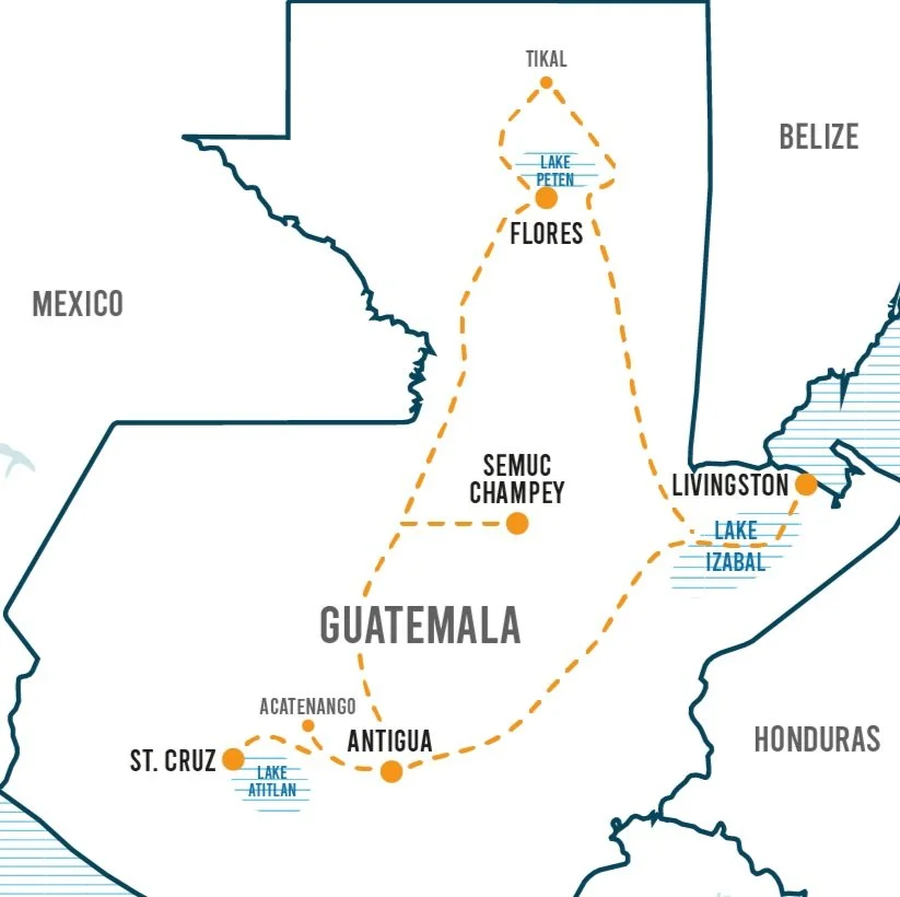 Map of Guatemala showing a travel route connecting Antigua, Livingston, Tikal, Flores, Semuc Champey, Acatenango and Lake Atitlán