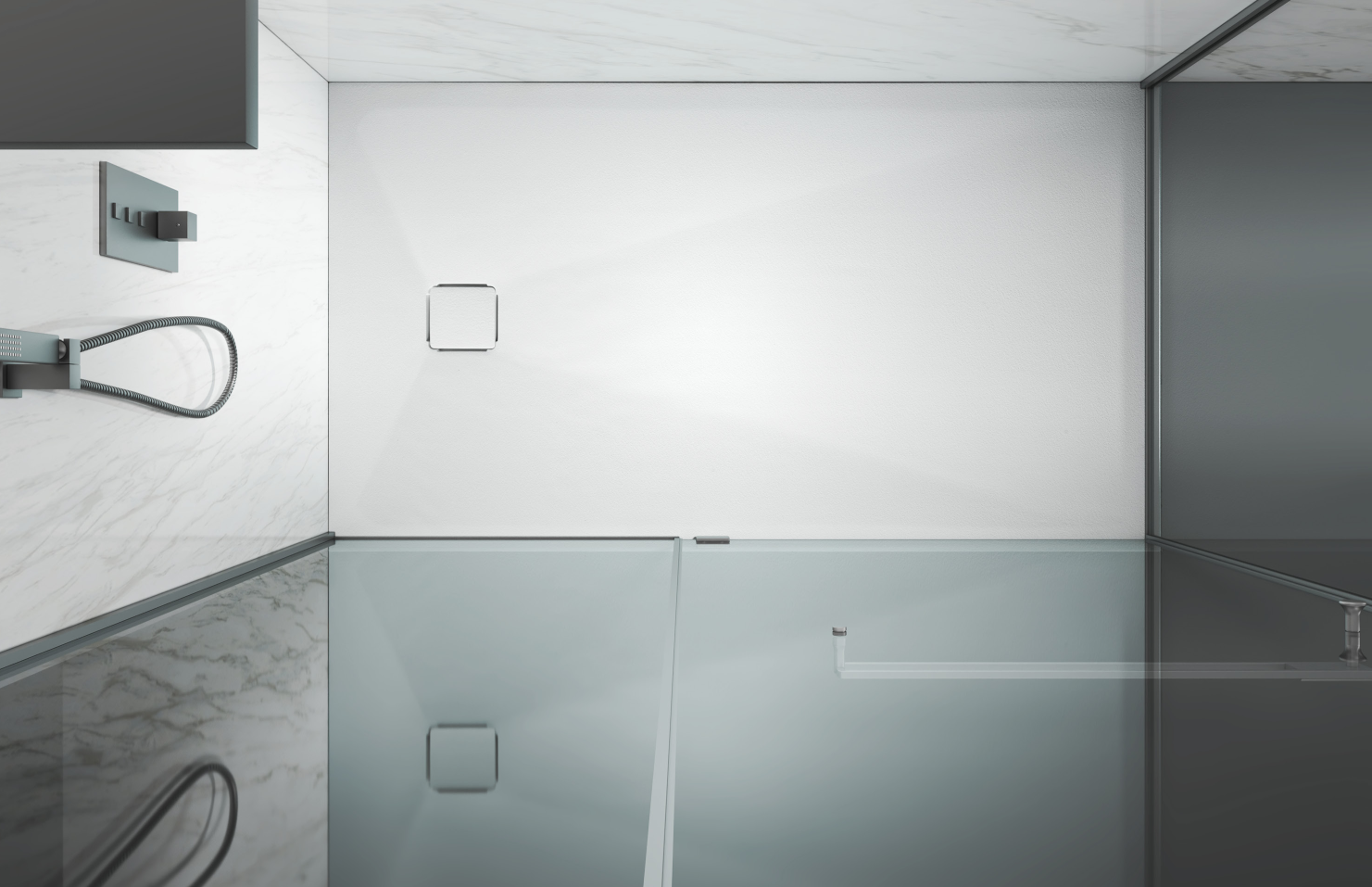Textured shower tray inside a walk-in glass enclosure